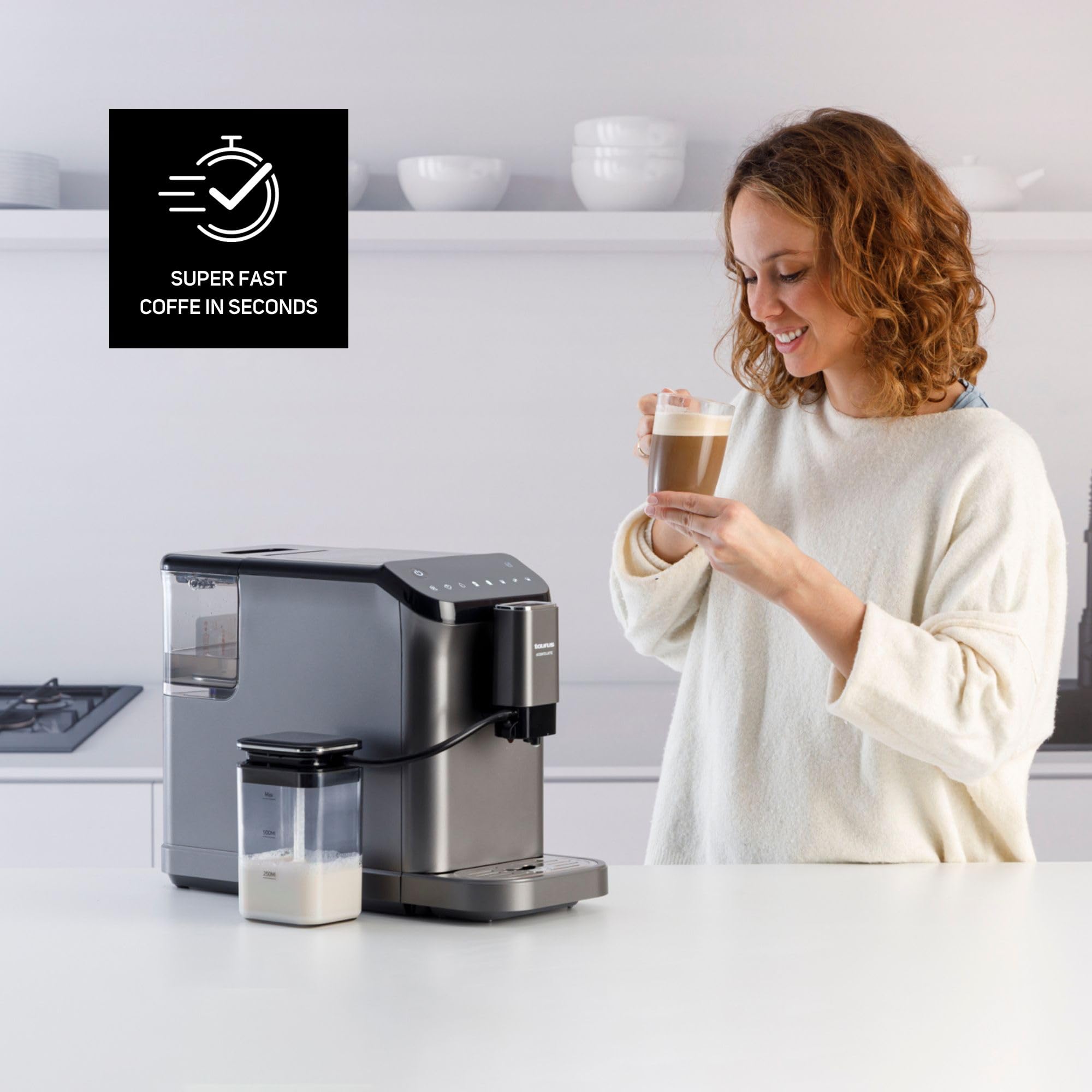 Taurus - Cafetera Accento Latte superautomática | 20 bares | Espresso y Latte | 1350w | 1.5L | Pantalla digital | Limpieza automática | 4 bebidas programables | Depósito de leche conectable