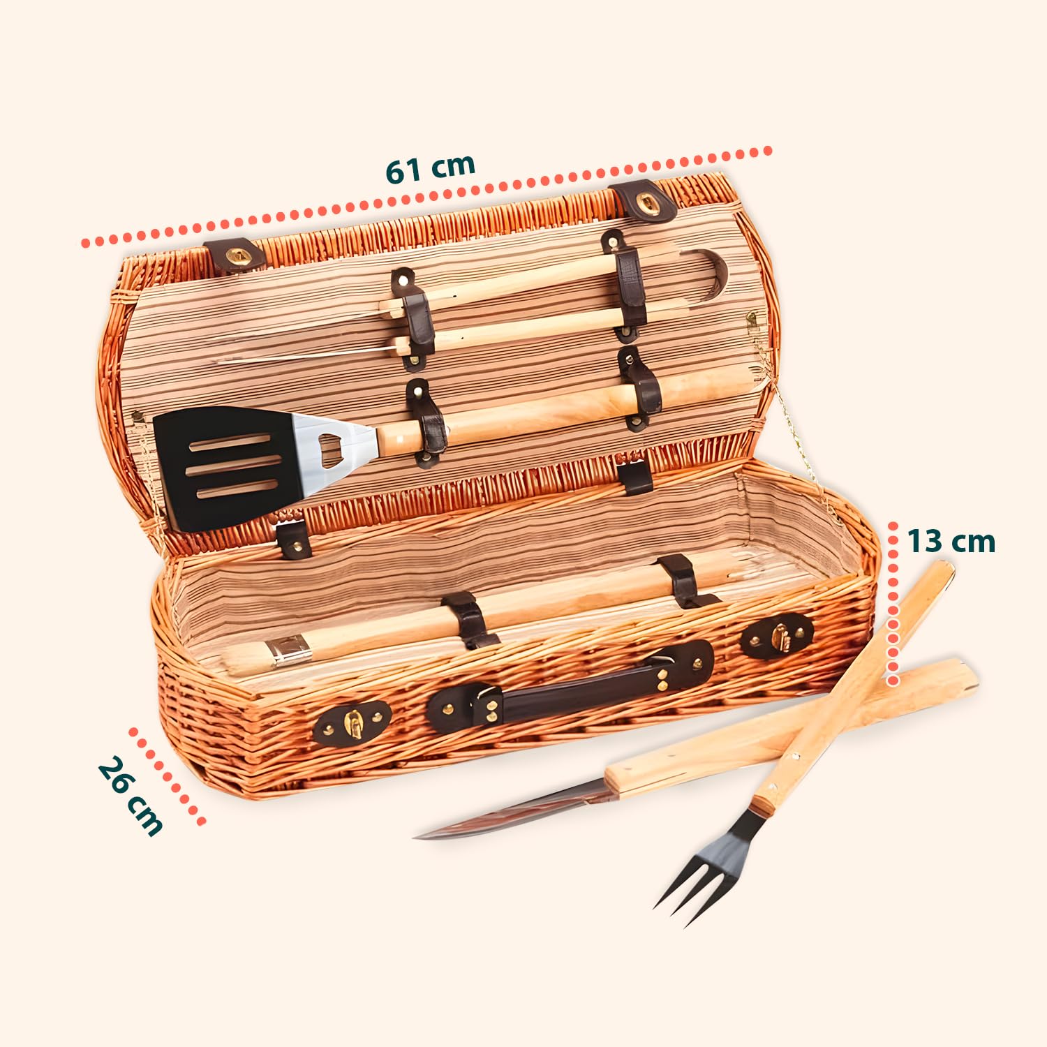 Avilia Bolsa de Herramientas para Barbacoa de Mimbre, Juego de Barbacoa portátil con 5 Accesorios en maletín, Kit para Barbacoa de Camping, Herramientas de Barbacoa de Viaje y Picnic al Aire Libre