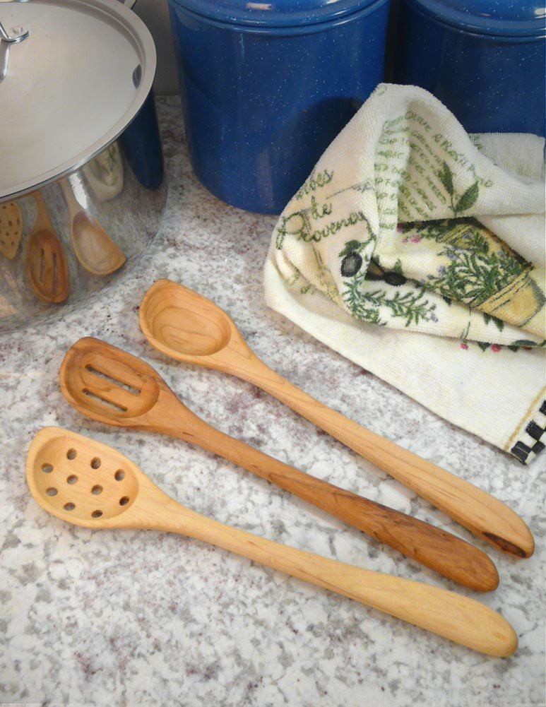 American Made Natural Hard Maple Wood Angled Cooking and Mixing Spoons, Set of 3 (Right Handed Version) - Image 2