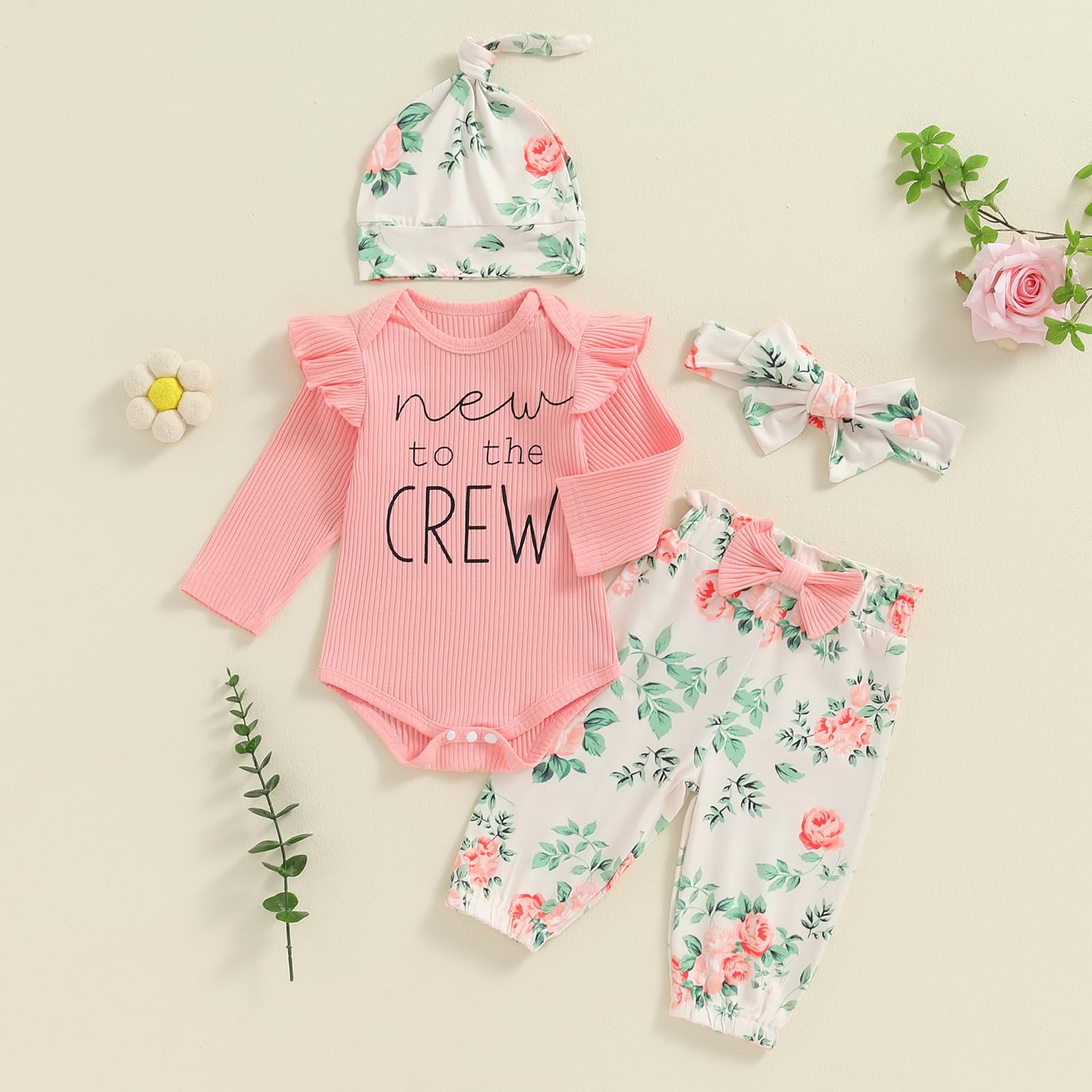 ZAXARRA Newborn Coming Home Baby Girls Fall Outfits Letter Print Ribbed Romper Tops Flower Pants Headband Hat 4 Piece Set (Pink, 0-3 Months)