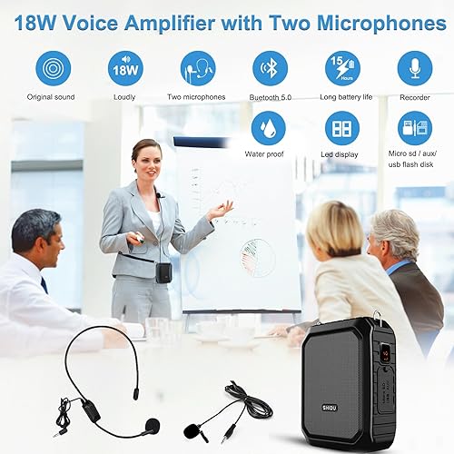 Miniatura 2 de Amplificador de voz Bluetooth con micrófono de solapamicrófono auriculares-18W IPX5 impermeable pequeño megáfono altavoz sistema Pa, micrófono