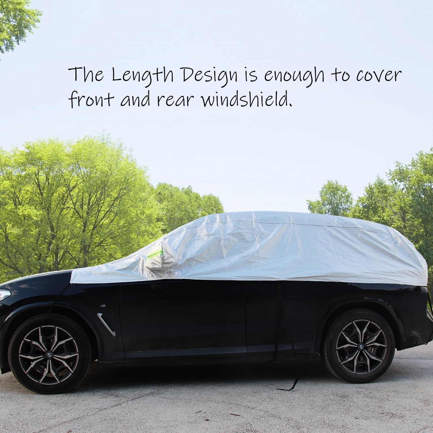 Media Funda Coche Exterior Impermeable, Tela Gruesa con Algodón, Cubierta para Parabrisas Delantero y Trasero para Hatchback (hasta 440 cm), Plata