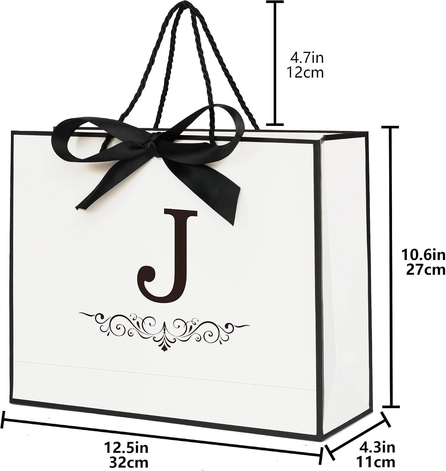 KeerxunBag Personalized Monogram Gift Bags Set - Initial J White Gift Bags with Bow, Tissue Paper, Greeting Card & Envelope for All | Medium Party Favors, Reusable Gift Packaging (J) image 3