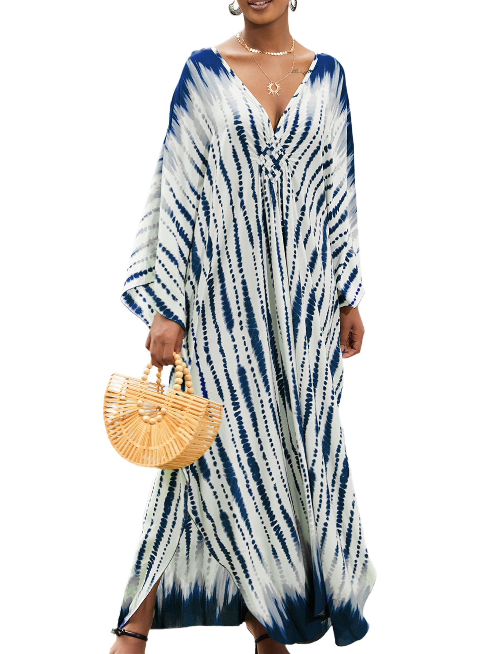 Kaftan Dresses Plus Size V-Neck Womens Swimwear Cover Ups Tie Dye Batwing Sleeves Mumu Caftan Dress