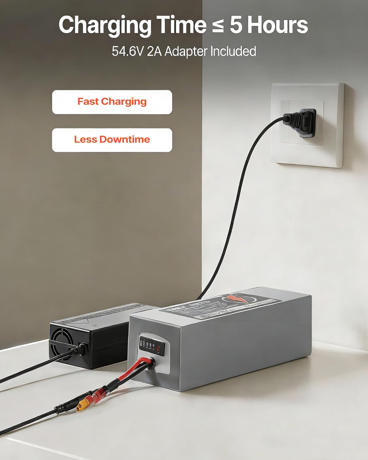 VEVOR 48V Lithium Battery, 10Ah, Lithium Battery Pack with 30A BMS Protection, Charger, T-Plug Expansion Cable, 500+ Cycles, IP66 Waterproof PVC Shell, Fast Charging, Compatible with 2400W Motors