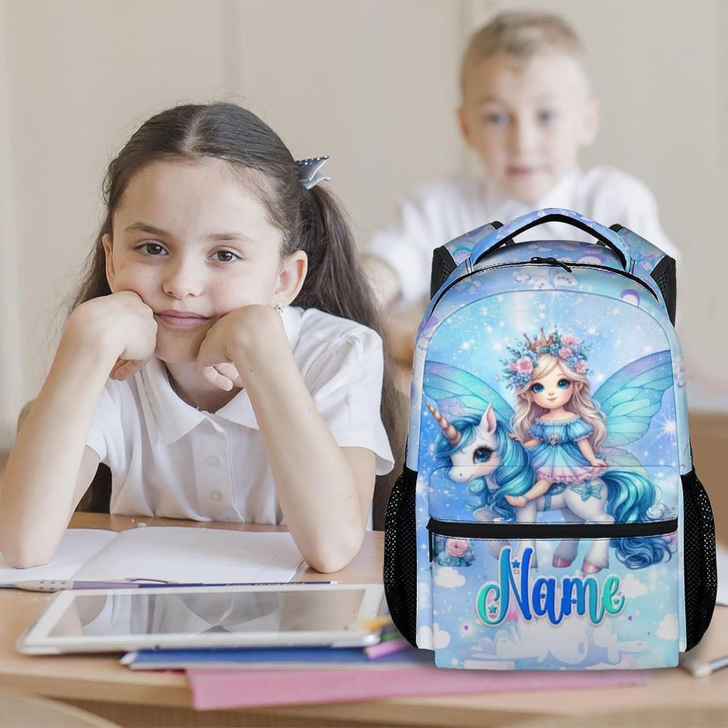 Personalized School Backpack with Name - Unicorn Backpack for Girls - Custom Kids Bookbag School Supplies for Primary - 17 Inch Fairy Toddler School Bag
