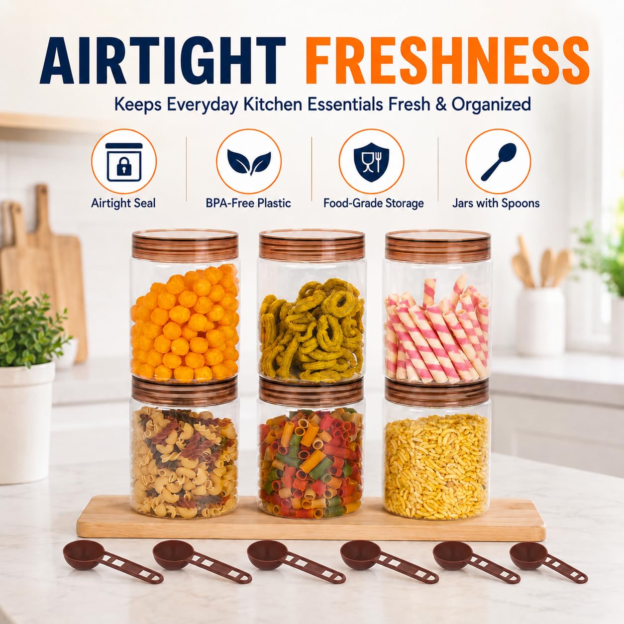 Homeor Lot de 6 bocaux de rangement en plastique avec cuillère, récipients hermétiques et sans BPA pour le rangement de la cuisine, les courses, les courses, les récipients de rangement pour