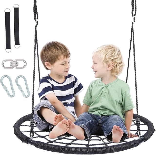 SILVER VALLEY 40"/100cm 360° Rotate Round Flying Saucer, Swing with Swivel, Hanging Straps, Adjustable Ropes, Round Mat Spinner Swing for Tree Birds Nest Spider Web Tree Swing