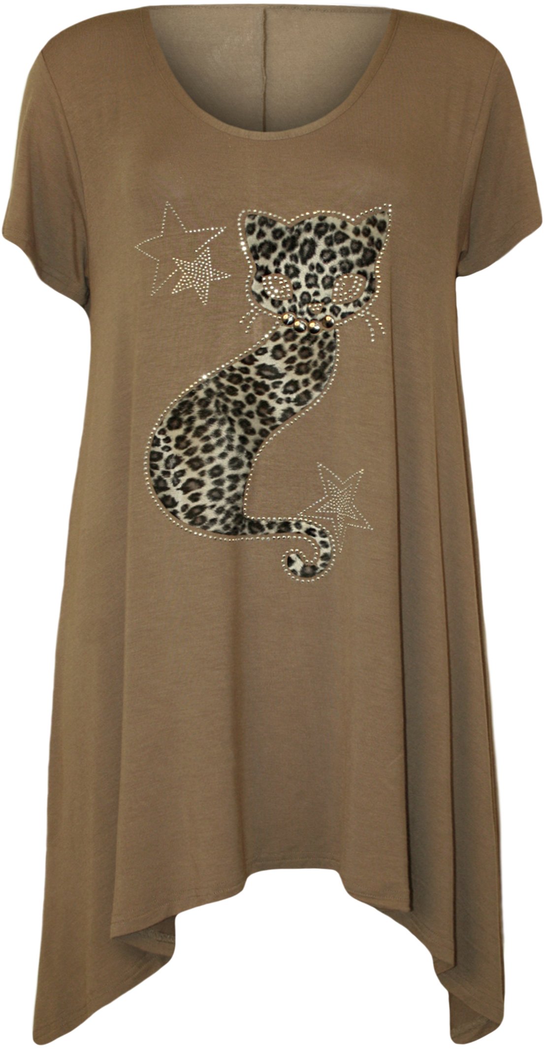 Wearall Women's Mocha Plus Size Cat Stud Short Sleeve Hanky Hem T-Shirt Tunic Top - 26-28