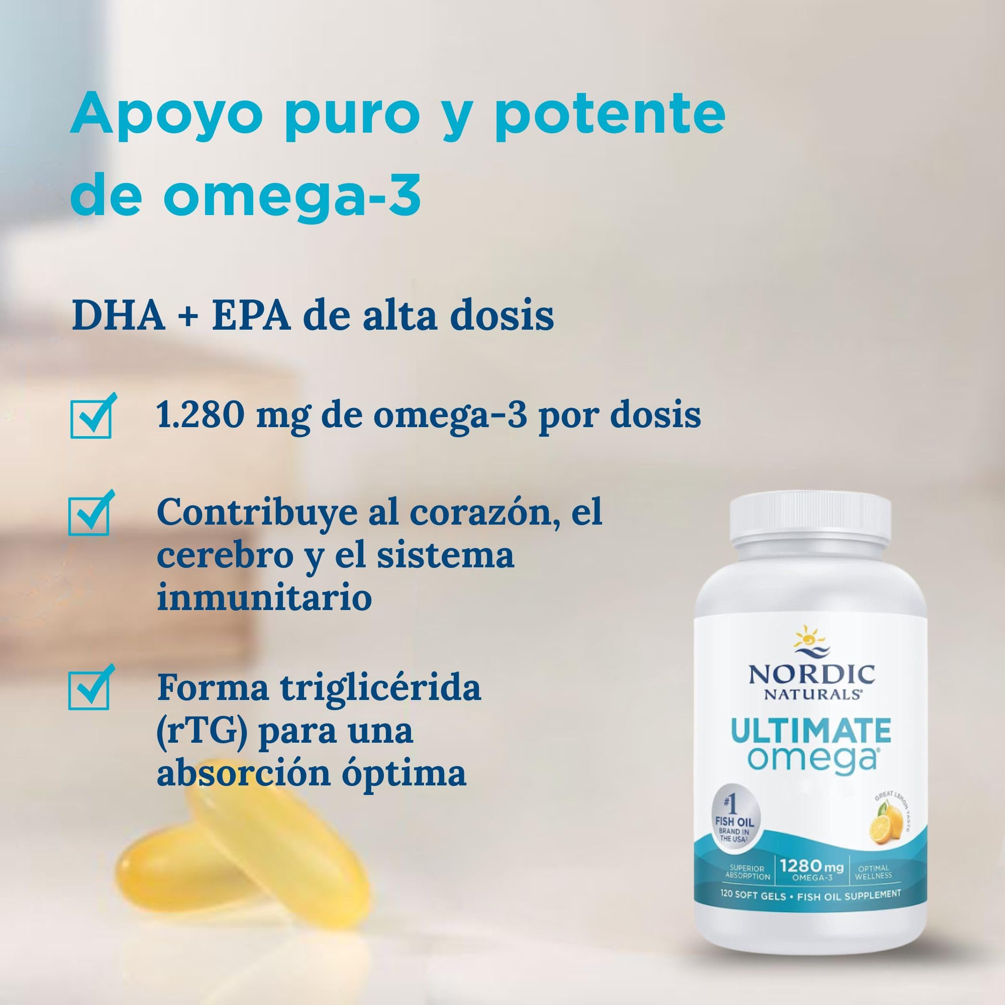 Nordic Naturals, Ultimate Omega-3, 1280mg, Sabor Limón, Alta Dosificación, 120 Cápsulas blandas, Testado en Laboratorio, Sin Soja, No GMO