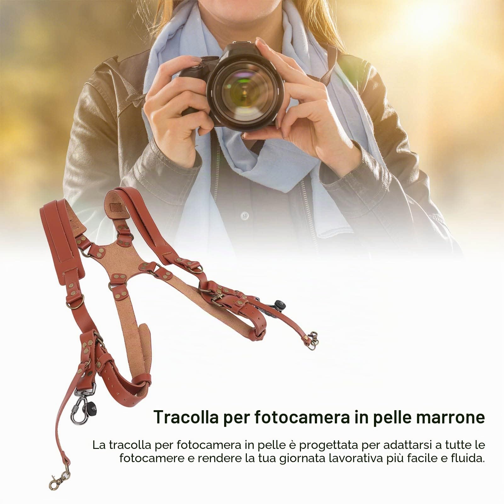 Focket Accessori per la Cinghia della Fotocamera per Due Fotocamere, Comoda Imbracatura in Pelle a Doppia Spalla, Accessori per Fotocamera a Tracolla, Attrezzatura per Fotocamera Multipla