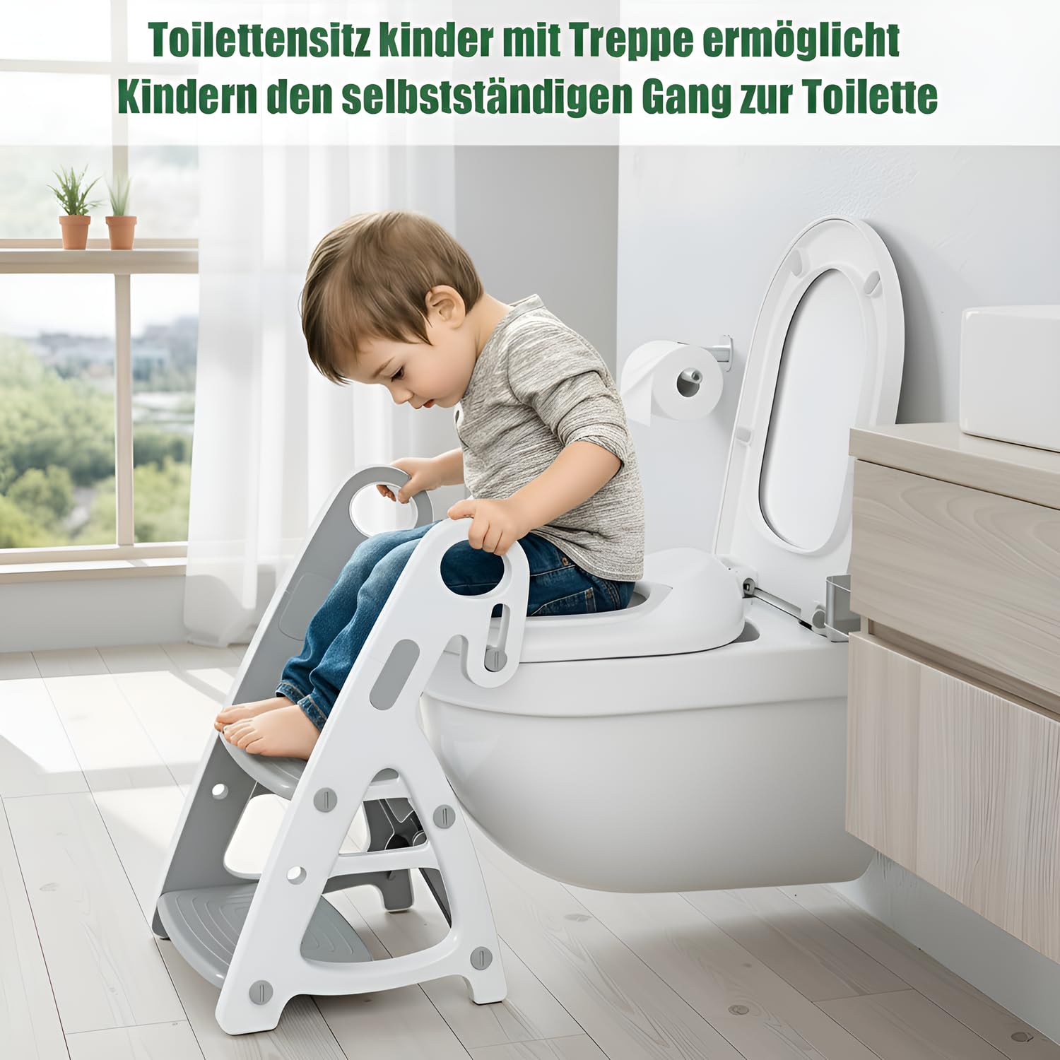 Baby-Toilettensitz 2 in 1 mit Treppe, Stabile Dreieckige Struktur, Kinder Tritthocker, Faltbar Töpfchentrainer mit verstellbarem Pedal und Sitzhöhe, mit großes Pedal und Griffe, PU-Futter, Grau