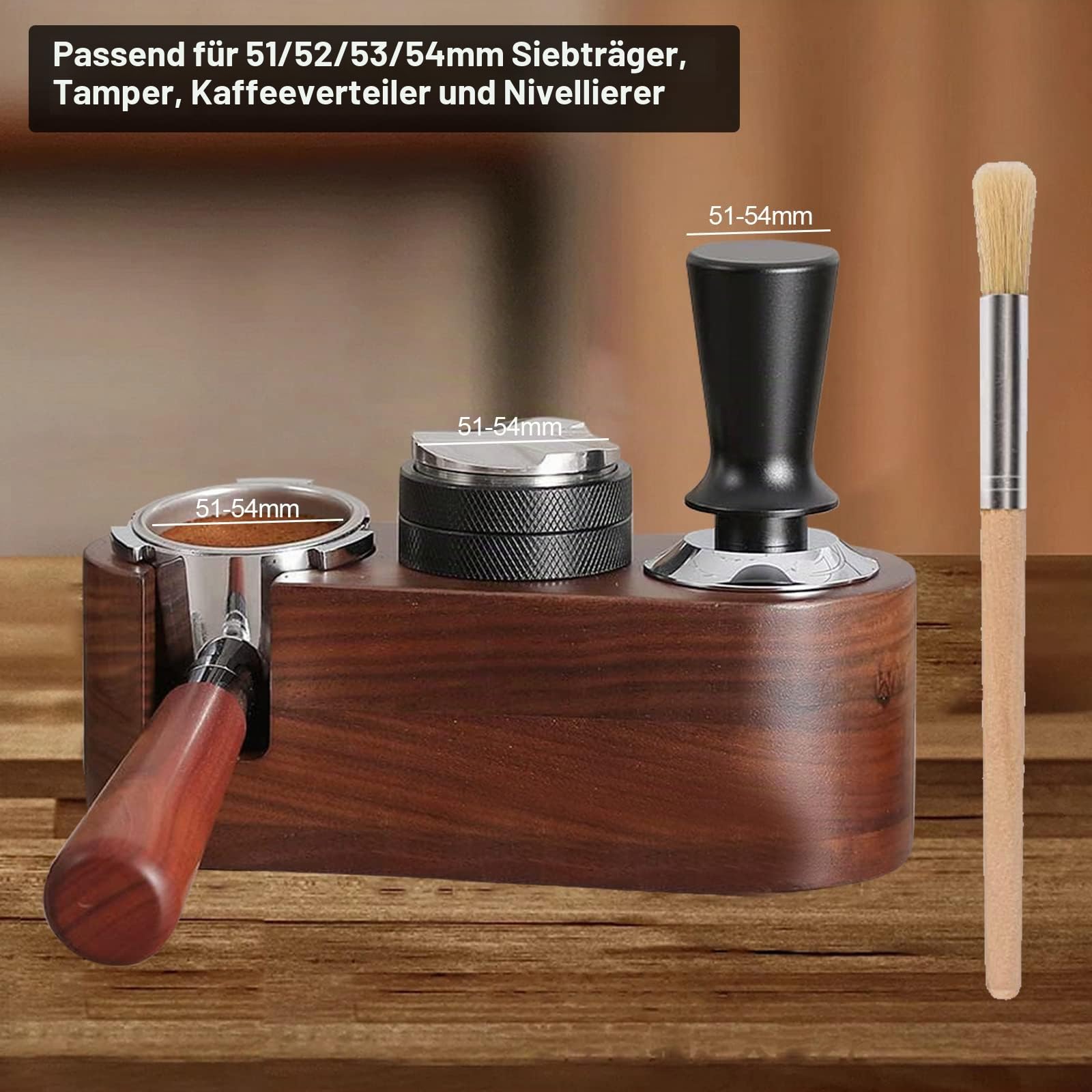 Tamperstation,Kaffee-Stampfstation Holz,Kaffeefilter Tamper Halter Portafilter Mat Stand für 51-54mm,3 Löcher Rutschfeste Kaffeestampfmatte Verteiler,Tamper Station für Kaffeemaschine,Barista Zubehör