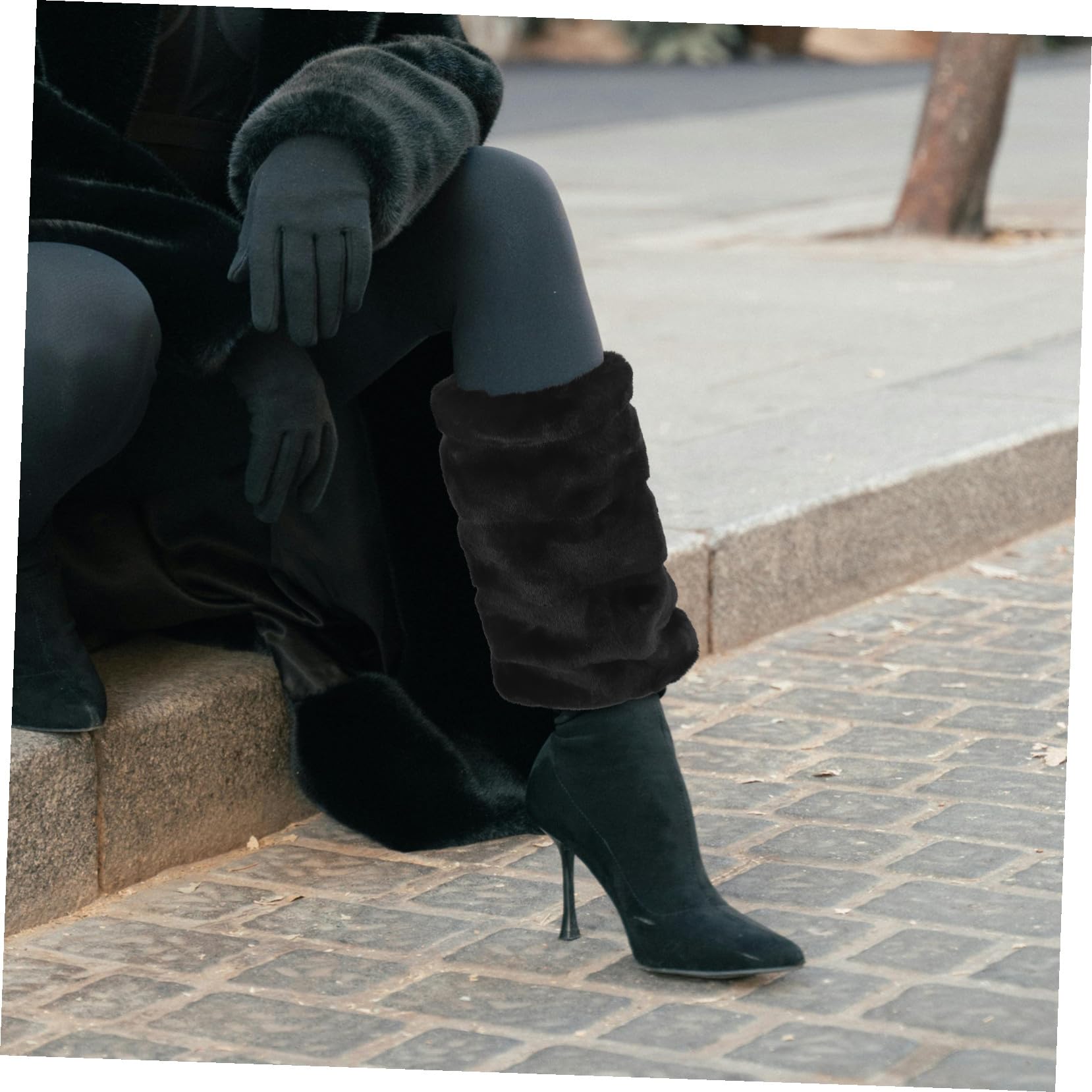 HEMOTON Guêtres à Revers en Fausse Fourrure pour Femmes, 30cm, Noir