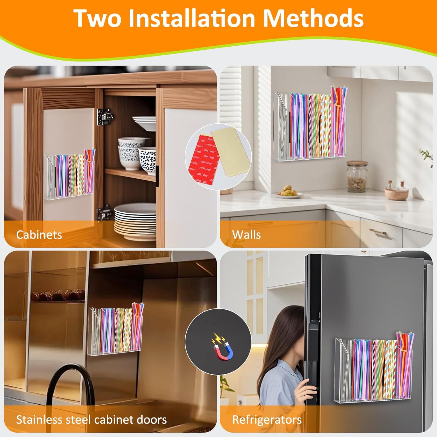 Clear Magnetic Acrylic Straw Holder for Cabinet,Straws Storage Container for Cupboard with Double Sided Adhesive,Straws Dispenser for Kitchen Counter - Image 4