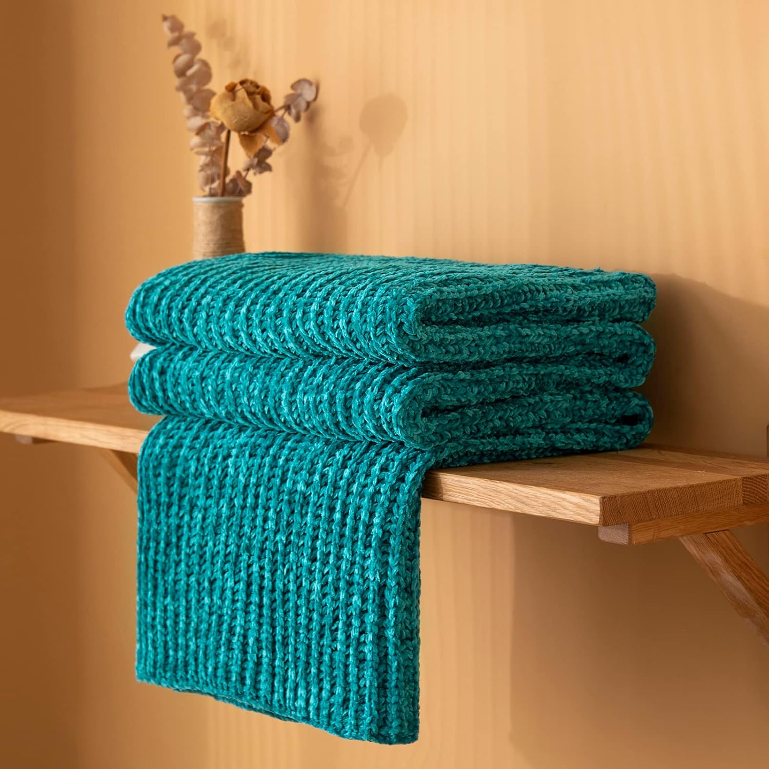 Aormenzy Teal Chenille Throw Blanket for Couch, Teal Blue Knit Blanket Soft & Cozy