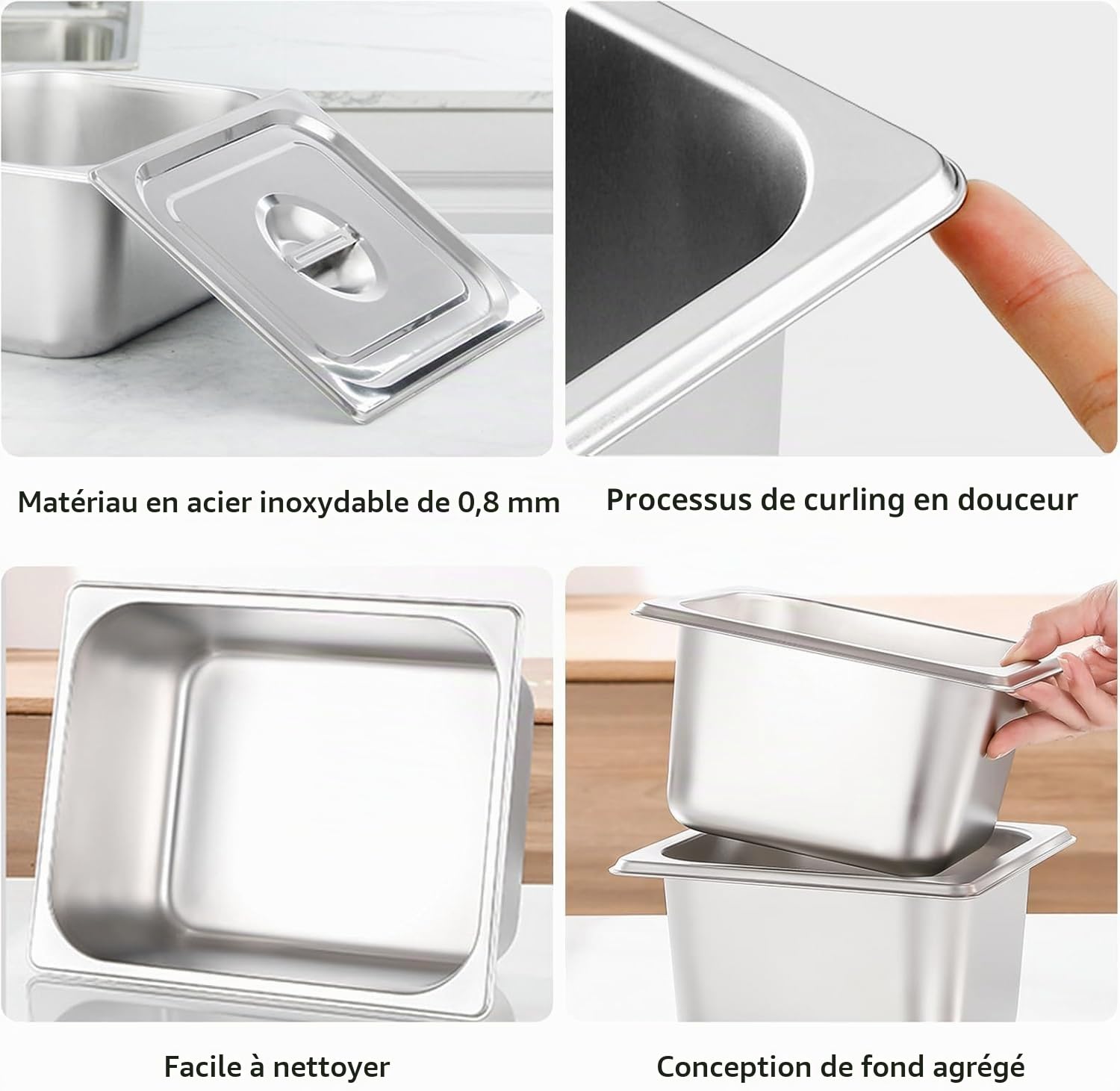 Lot de 4 Plat Inox avec Couvercle, GN 1/6 Bac avec Couvercle, 17,5 x 16,2 x 10 cm Bac Alimentaire Inox pour des Fours à Convection, des Chafing Dishes, des Réfrigérateurs