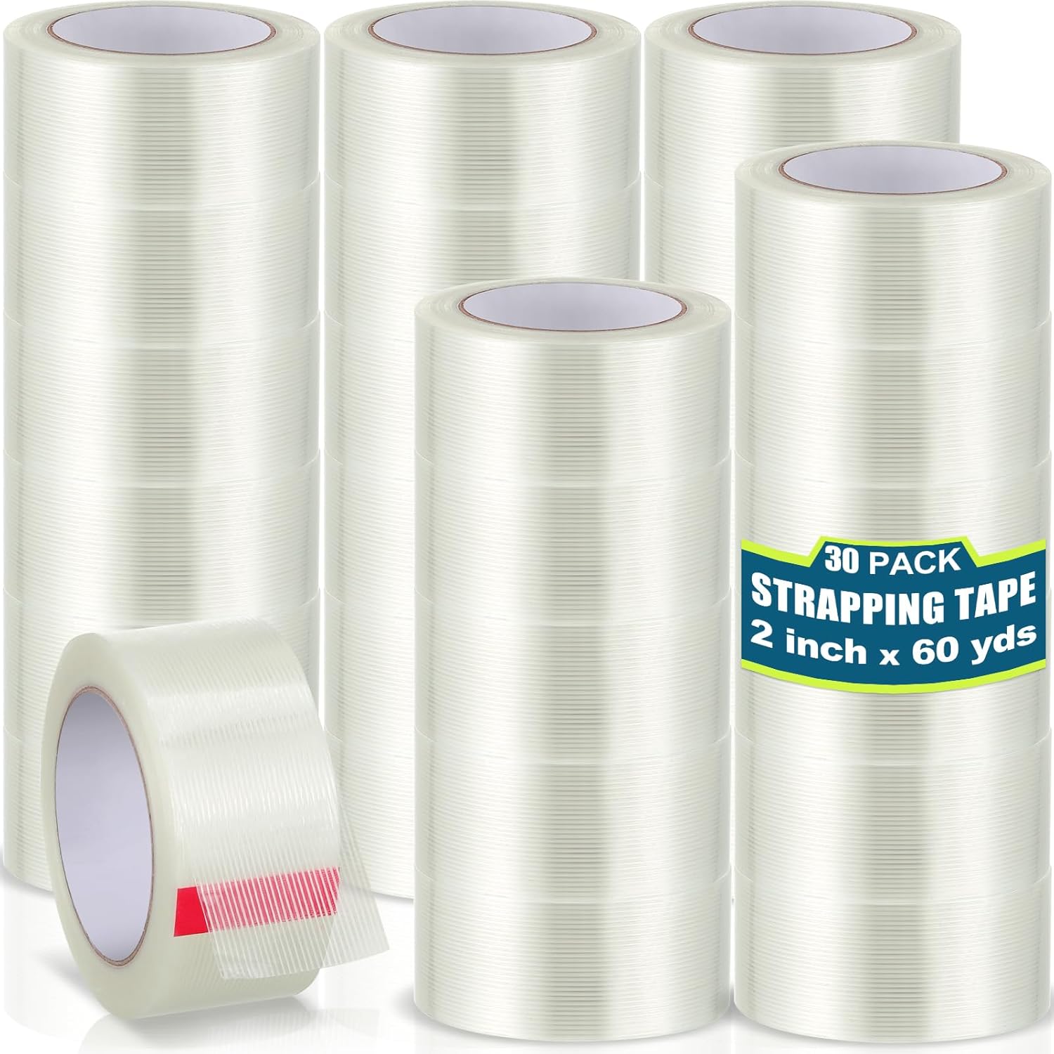 Treela 30 Rolls Strapping Tape 2 Inch X 60 Yards 5.5 Mil Fiberglass Filament Tape Transparent Reinforced Heavy Duty Packing Strips for Shipping Sealing Binding Fixing 30 2 Inch X 60 Yards