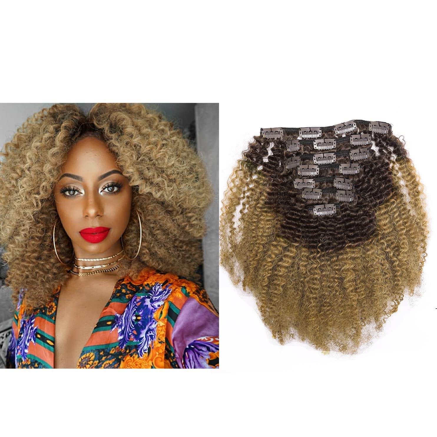 Lacer Hair 4A-4B Afro Kinky Curly Remy Human Hair Extensions - Clip in, Double Weft, Two Tone - Off Black Fading to Blonde Strawberry #1B/27 - 10 Inch