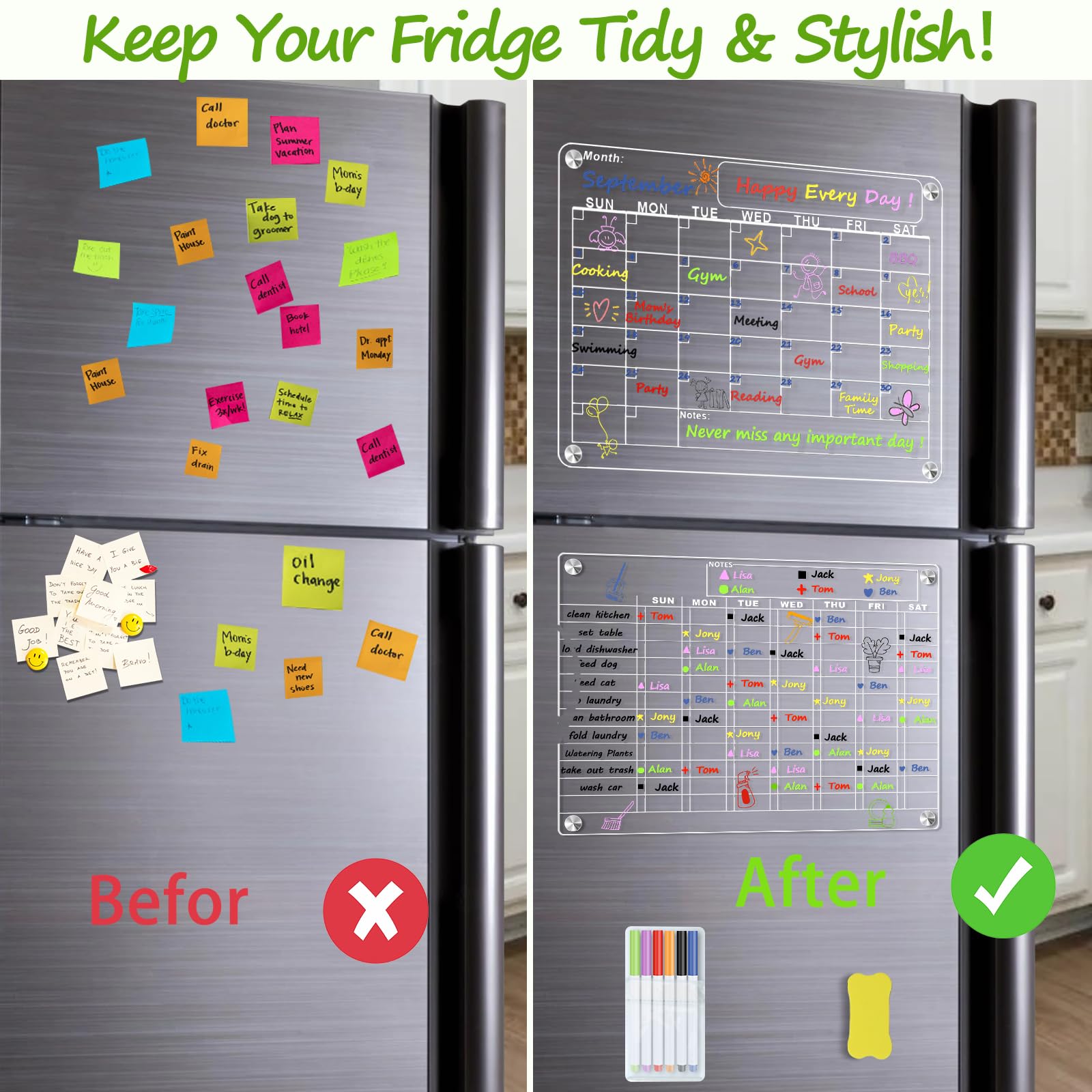 Acrylic Magnetic Calendar for Fridge, 2 Pcs of Magnetic Dry Erase Chore Chart and Monthly Calendar Bundle for Fridge, Acrylic Calendar Set for Fridge Clear Acrylic Dry Erase Board (16"x12")