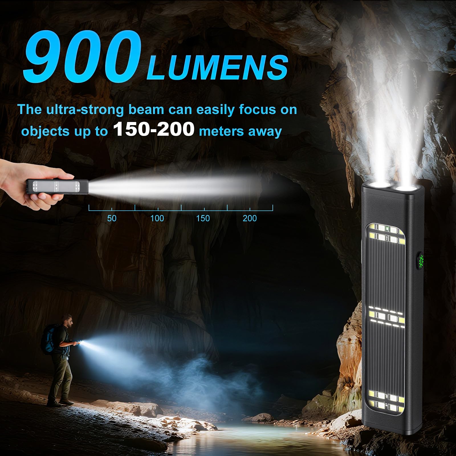 Linternas planas solares/recargables, linterna táctica EDC de 900 lúmenes, linterna pequeña LED multifunción, 7 modos IP65 impermeable para el hogar, campamento y uso de emergencia (negro)