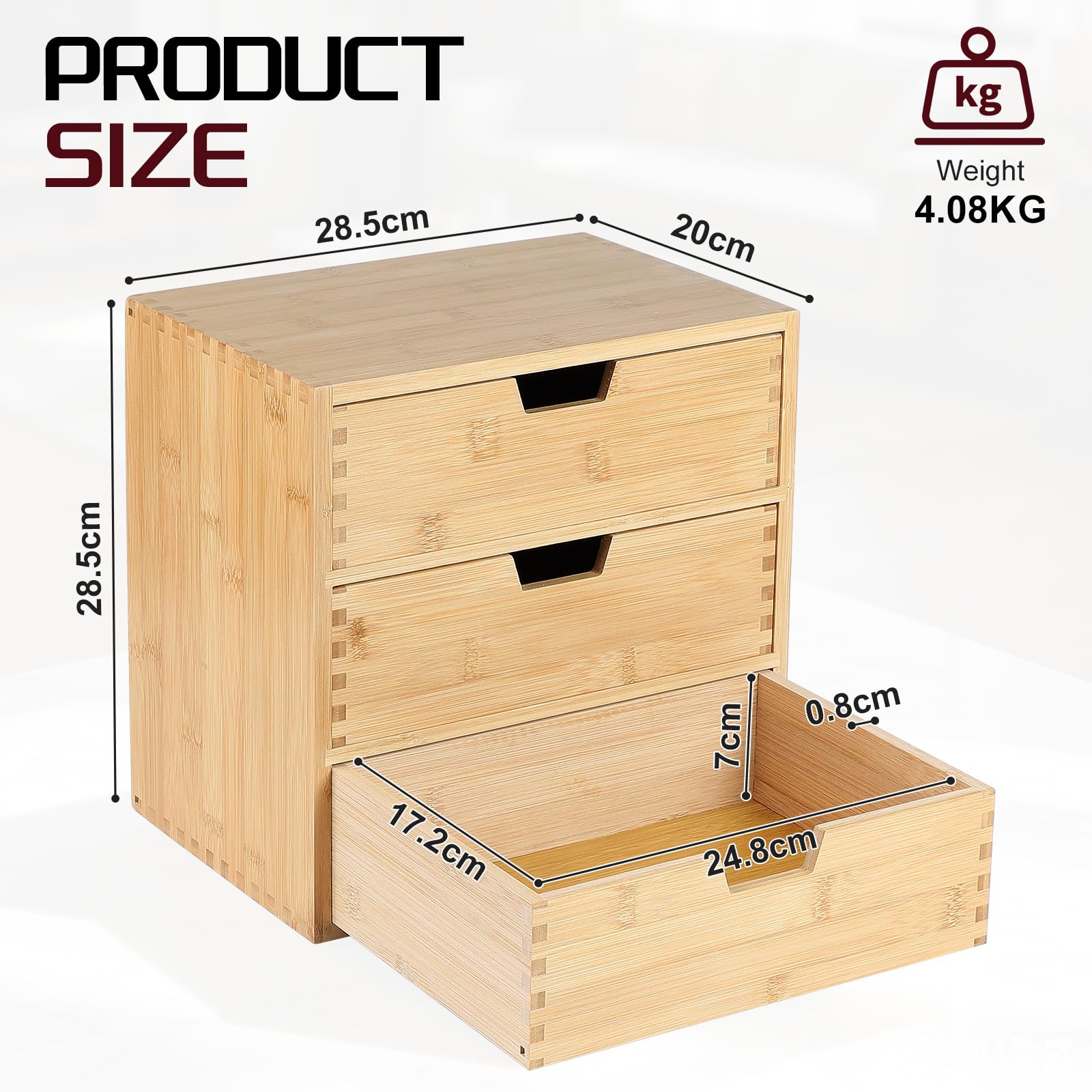 EFUTURETIME Organizer da Scrivania con 3 Cassetti in Legno, 28,5 x 20 x 28,5 cm, Piccola Cassettiera Scrivania, Scatola Portaoggetti in Bambù per Bustine di Tè, Capsule di Caffè, Penne, Cosmetici