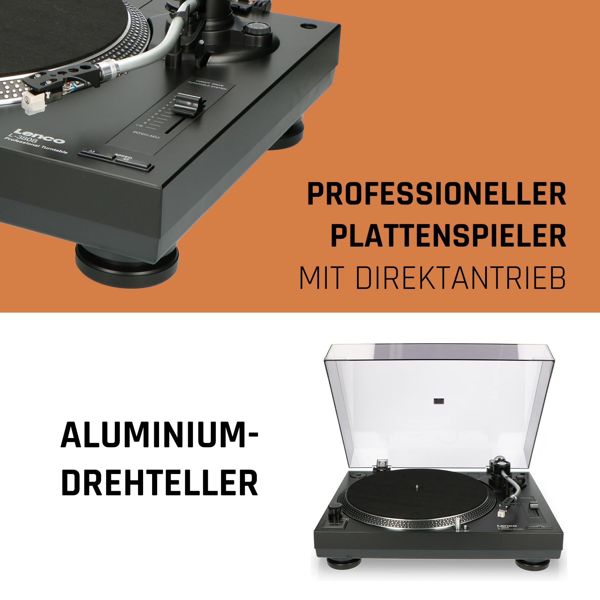 Lenco L-3808 USB DJ-Plattenspieler mit Direktantrieb - 33/45 U/min - Pitch-Control - Magnet-Tonabnehmer-System - Nadelbeleuchtung - Digitalisierung via PC - Staubschutzhaube - schwarz
