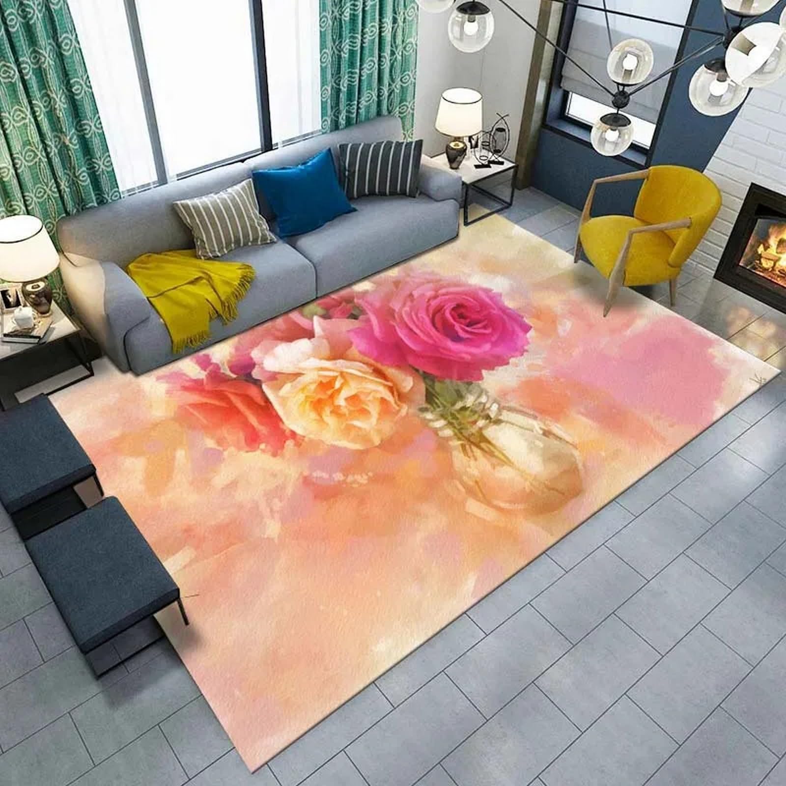 Tapis en flanelle fleur rose effet 3D haut de gamme 120 x 160 cm avec dossier antidérapant