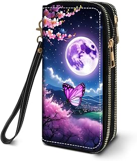 Women's Large Capacity Wallet PU Leather Double Zipper Clutch Purse Multifunctional Wallet with Removable Wristlet Strap for Smart Phone/Coin/Card/Cash, Moon Flower Butterfly