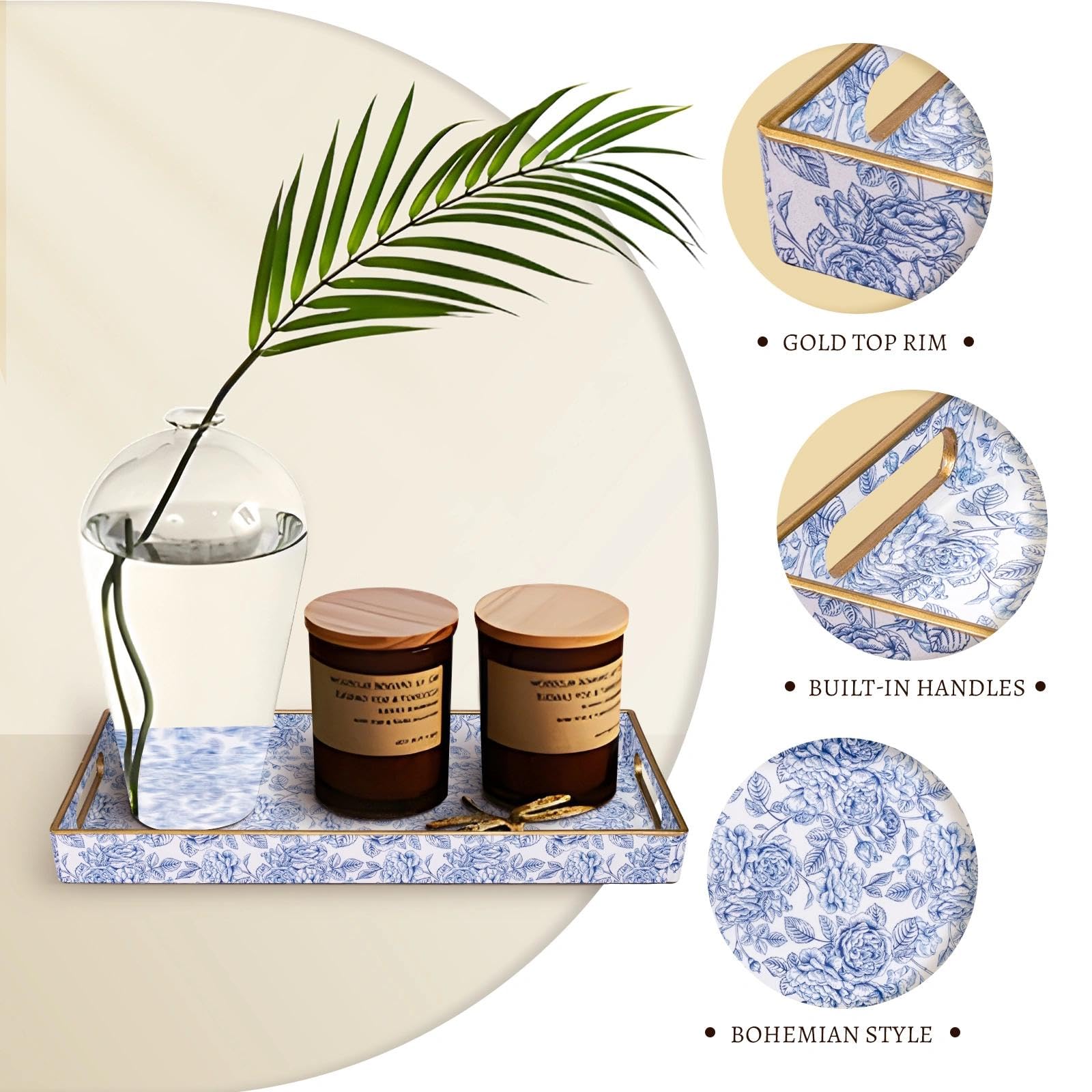 MAONAME Bandeja de tocador de plástico, bandeja estrecha para encimera de baño, bandejas decorativas azules con asas, organizador de bandejas de tocador para tanque de inodoro, joyas, maquillaje, 13.8