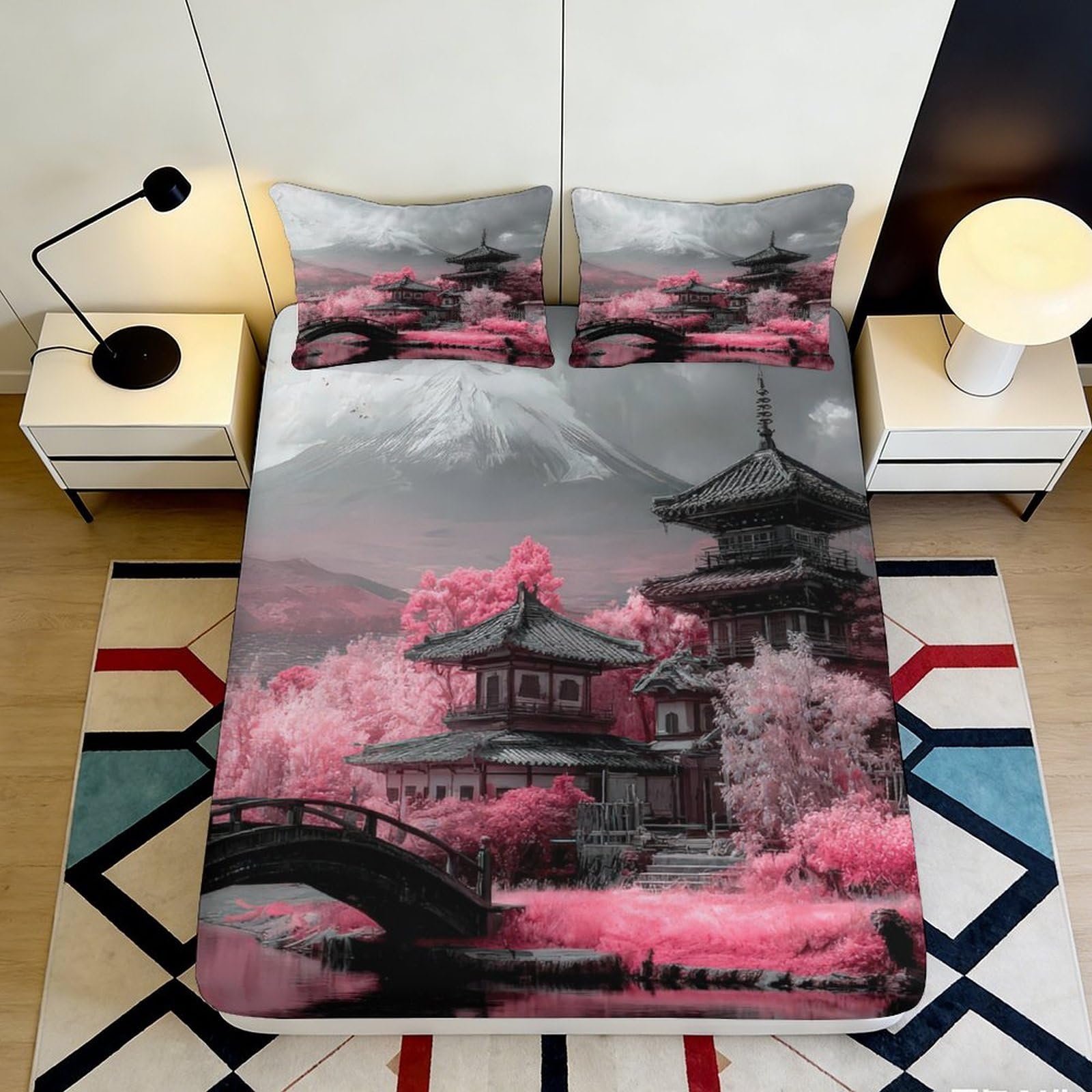 3D Printed Sakura Pagoda Fitted Sheet Microfiber Pink Grey Japanese Landscape Mattress Cover Bedroom Decor 90x200x25cm