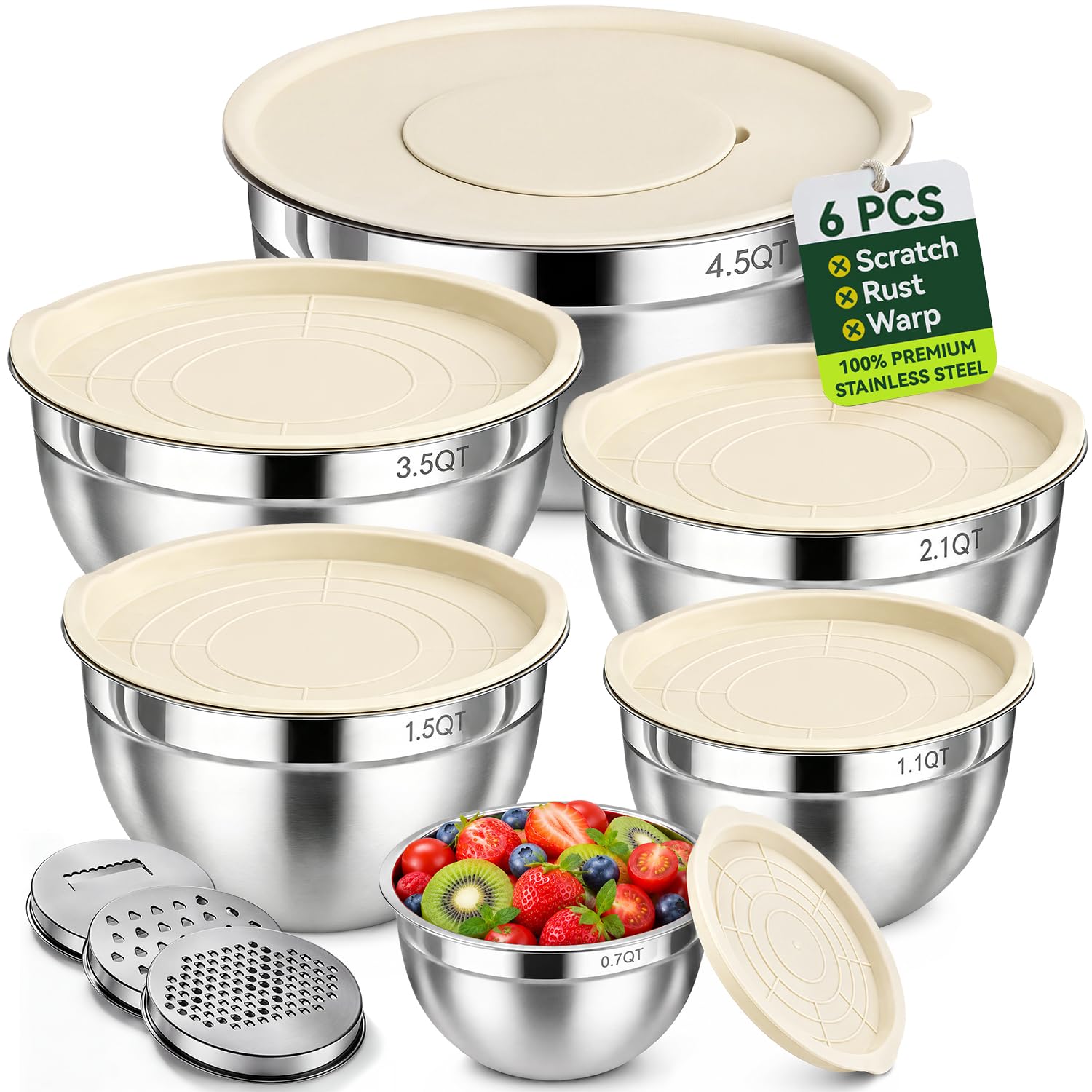 Stainless Steel Mixing Bowls: 6 Nesting Bowls with Lids & 3 Graters