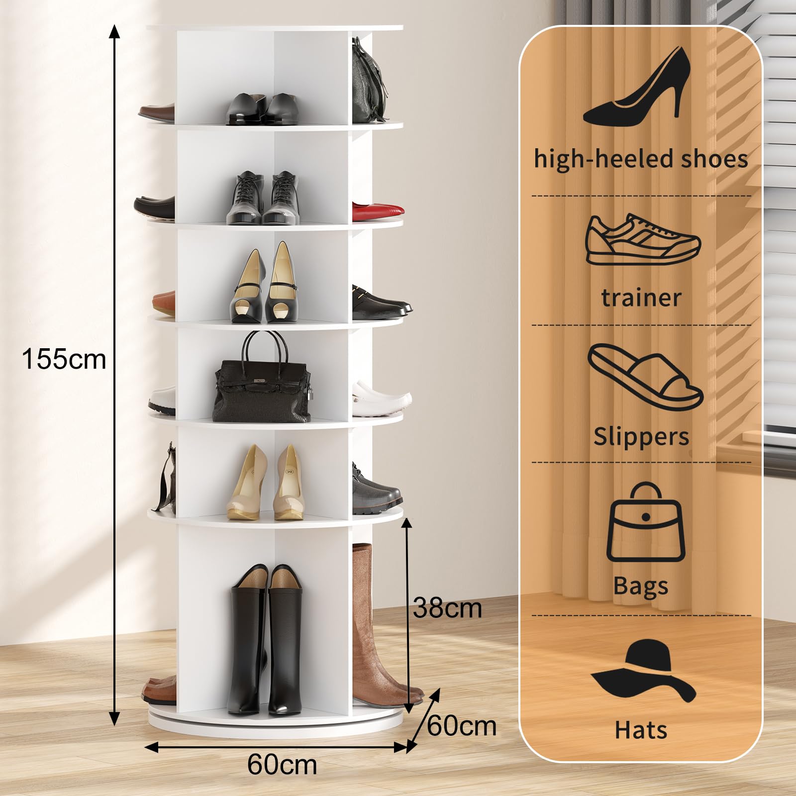 Zapatero giratorio con 6 niveles, armario de zapatos giratorio de 360 grados, carrusel redondo blanco, bolso vertical, organizador de armario de zapatos para sala de estar, dormitorio, entrada