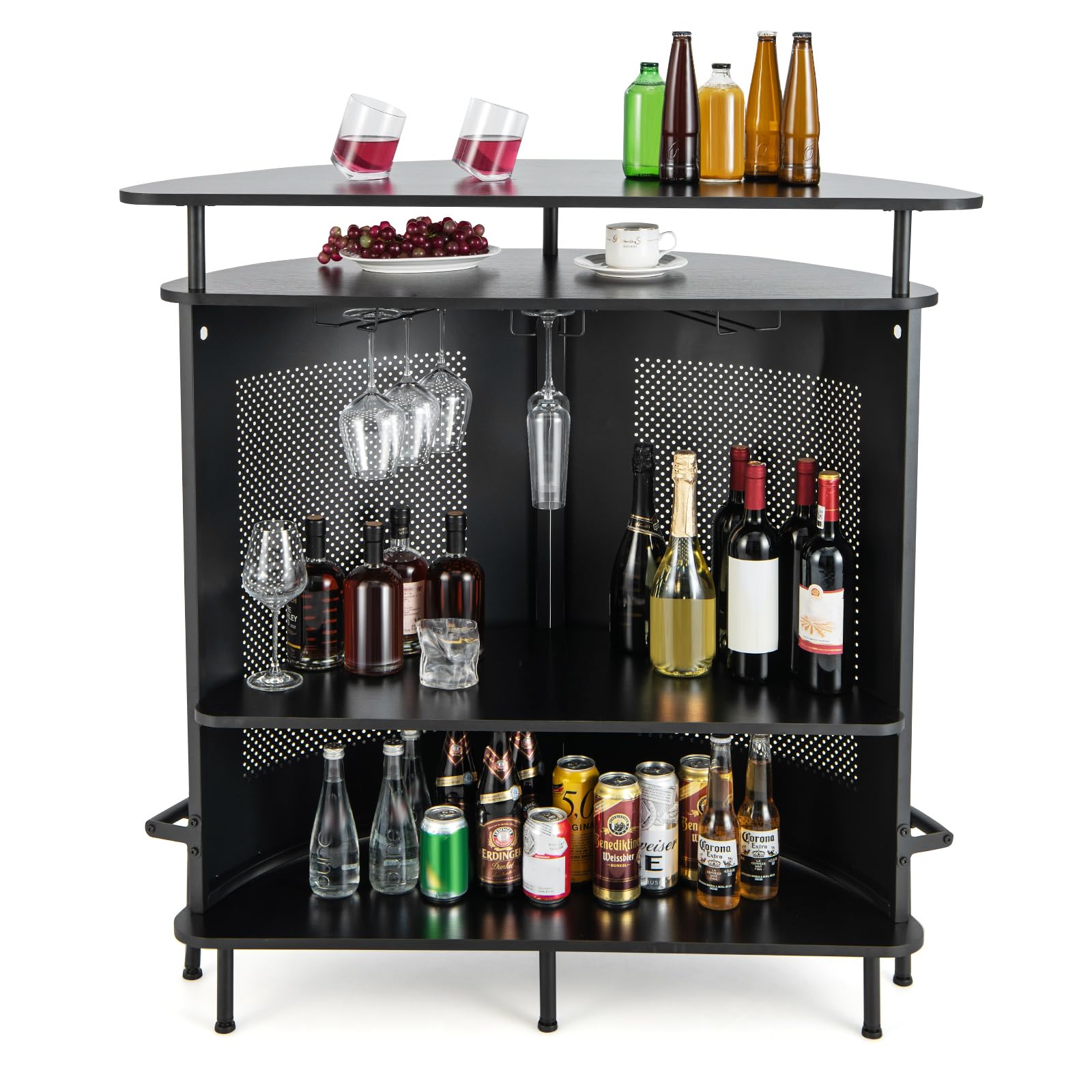 COSTWAY Bartisch Küche, Küchentheke mit Stauraum und Fußstütze, Theke Bar mit Metallrahmen, verstellbare Füße, 110,5 x 48 x 112,5 cm, schwarz
