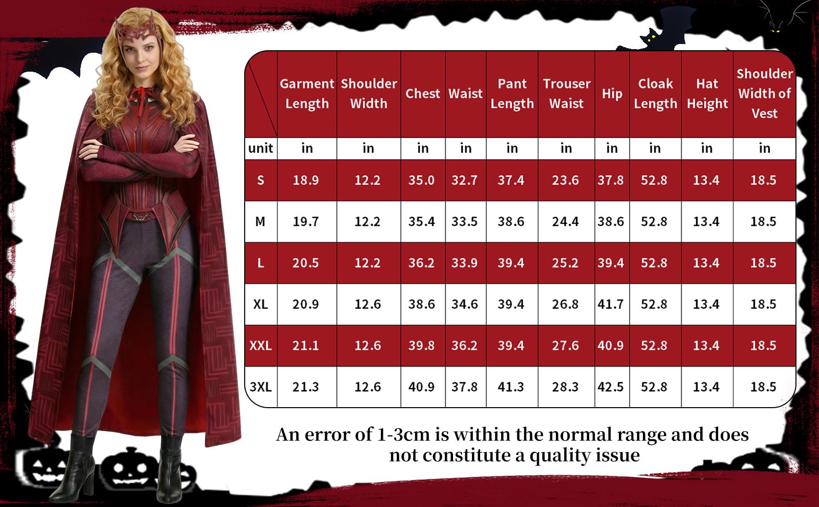 SINSEN Damen Wanda Maximoff Kostüm Scarlet Witch Cosplay Hose Anzug Umhang Outfit Kopfbedeckung für Halloween und Party