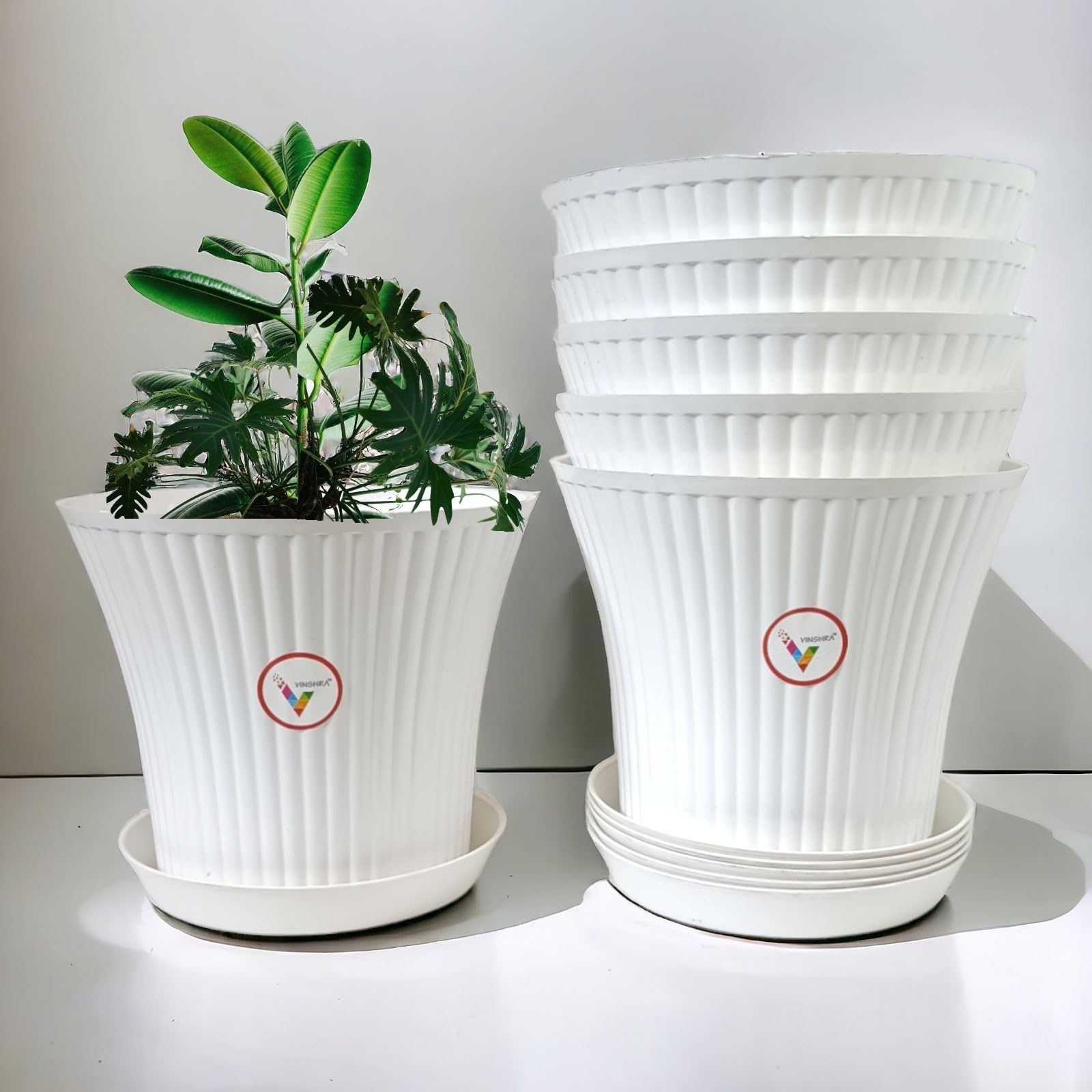 VINSHRA 9 Inch White Flower Pot with 6 inch Square Bottom Tray Set of 6 Indoor & Outdoor Pots for Plants Round Planters for Terrace Home and Balcony Décor (Pack of 6) (B0D46VMKV3) Amazon Price History, Amazon Price Tracker