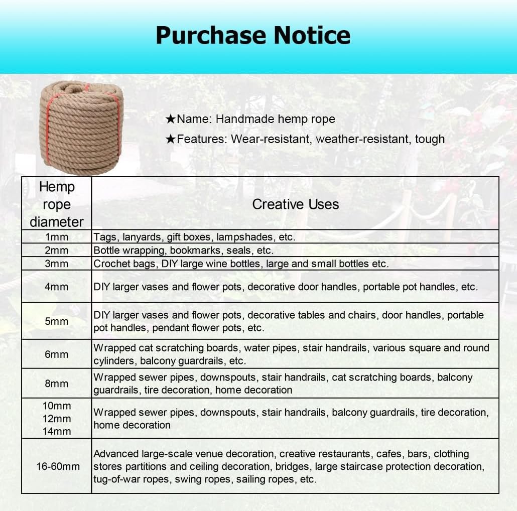 12-60 mm Twisted Manila Rope, Multipurpose Hemp Rope for Swing Hammock Decor Railing Docks Landcaping Sailing Hanging Docking Mooring Clothesline Decoration(60mmx1m)