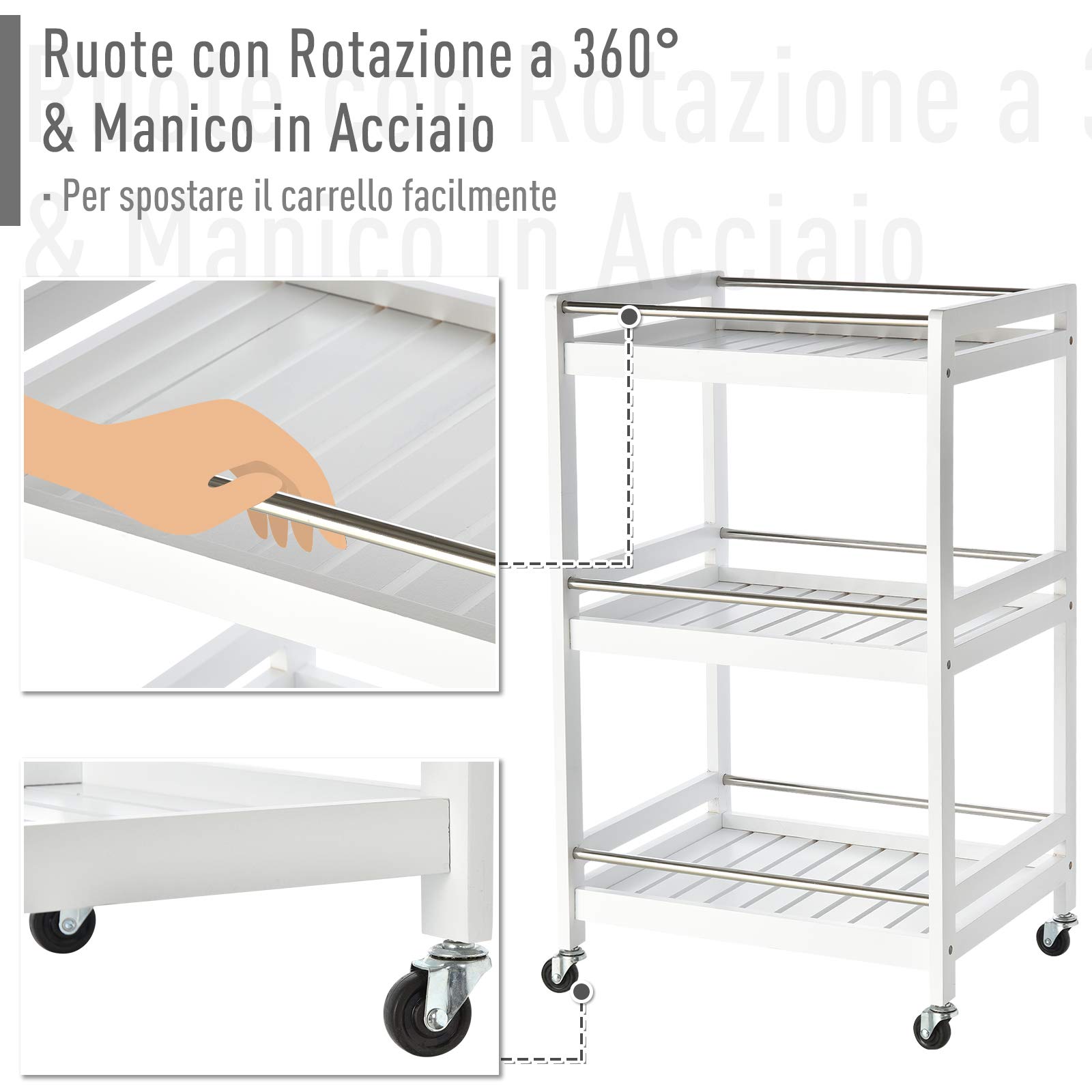 HOMCOM Carrello da Cucina Salvaspazio in Legno e Acciaio Inox, con 3 Ripiani e 4 Ruote 360°, Bianco, 45 x 38 x 78cm