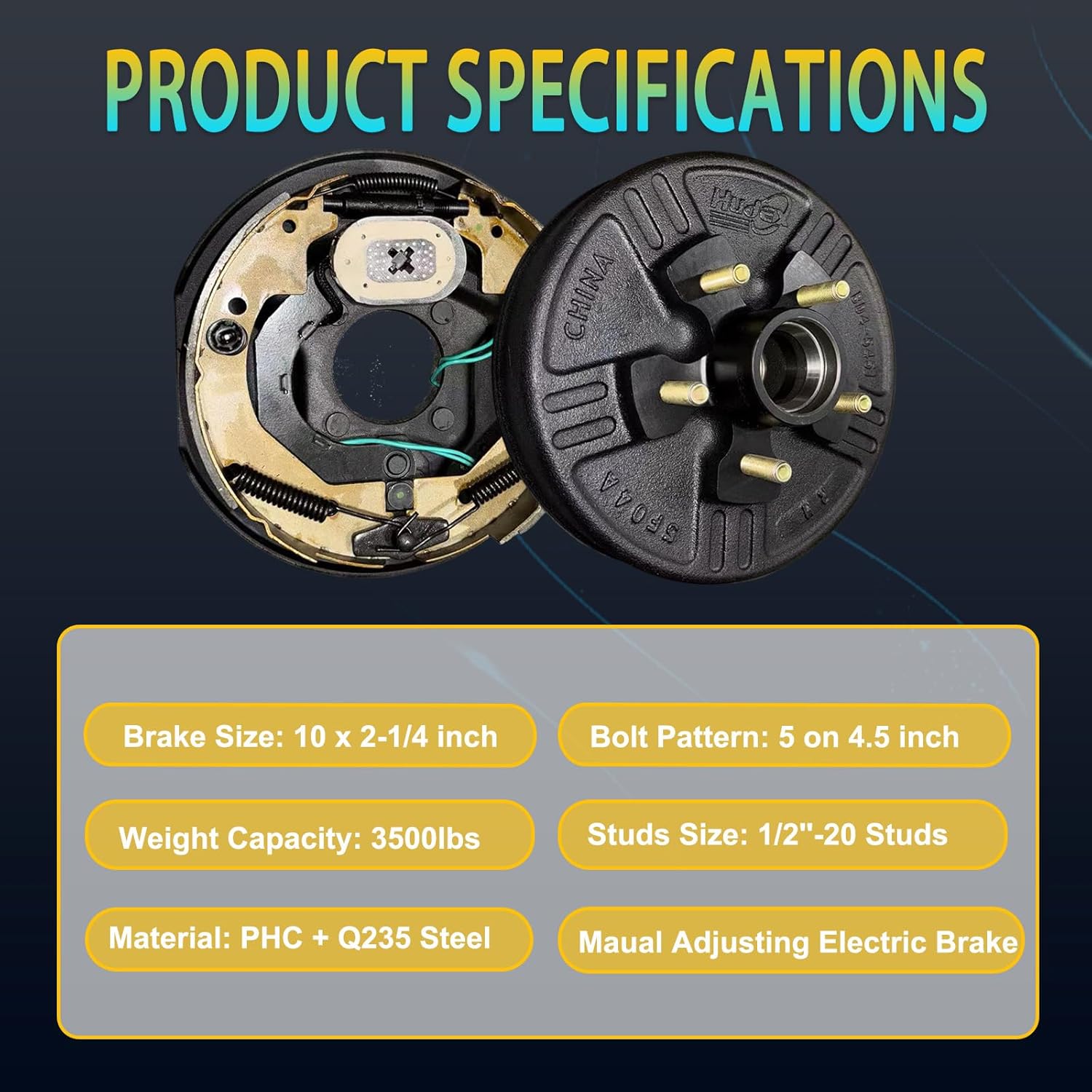 dreamdragon 3,500 lbs Trailer Axle Electric Brake Kit, 5-Hole, 4.5" Bolt Circle Brake Drum with 10" x 2 1/4" Left and Right Electric Brakes, Replacement 10” Brake Hub Drum, 1/2''-20 Studs