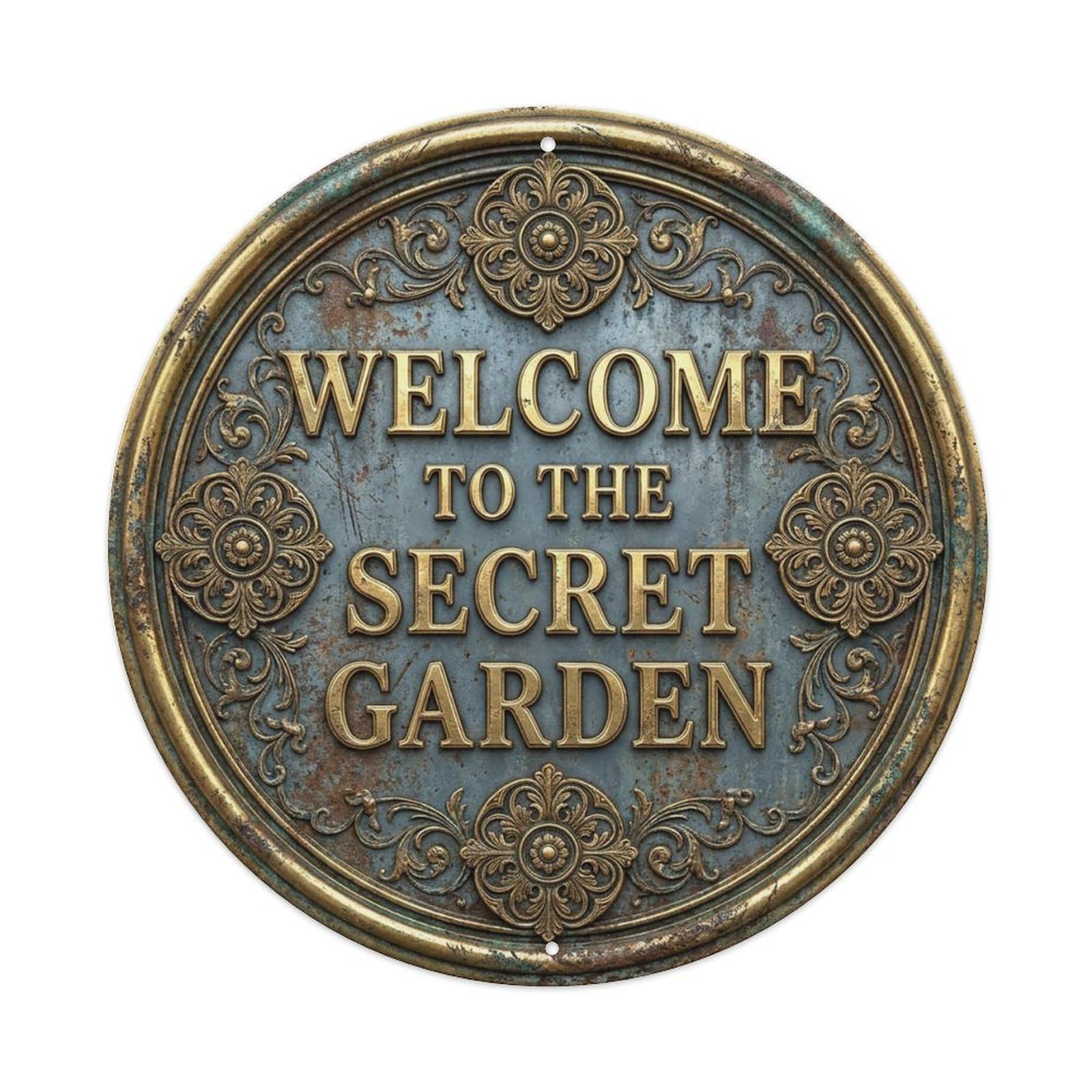 Vintage Welcome Secret Garden Gold Steel Medallion Metal Tin Sign