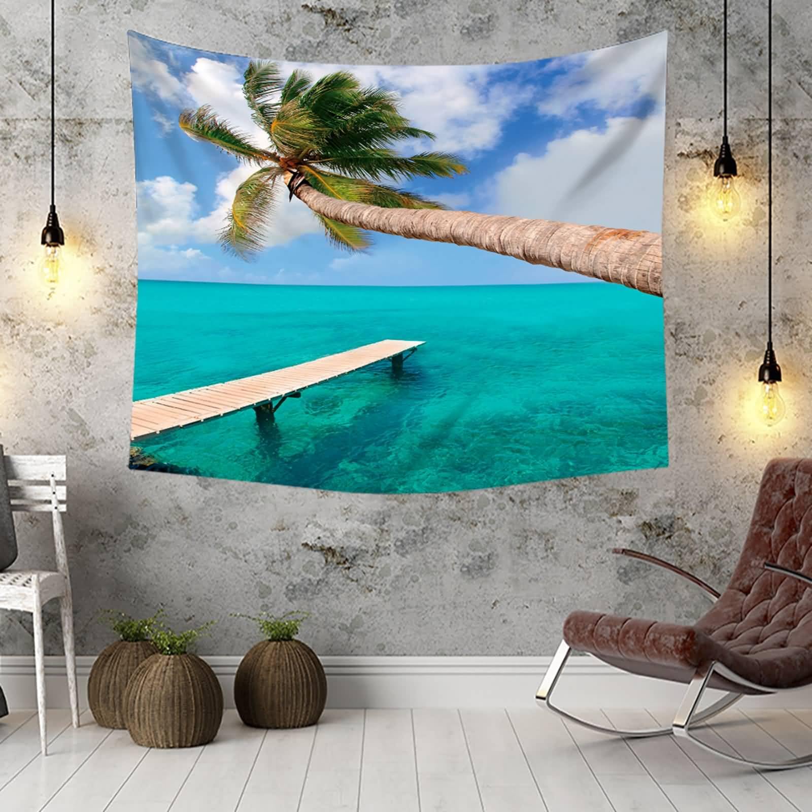 Landschaft Tapisserie Wandbehang | Polyester Kokosnussbaum mit Meerblick Wandbehang Dekoration für Wohnzimmer Schlafzimmer & Schlafsaal | Blau Grün, 350x256cm