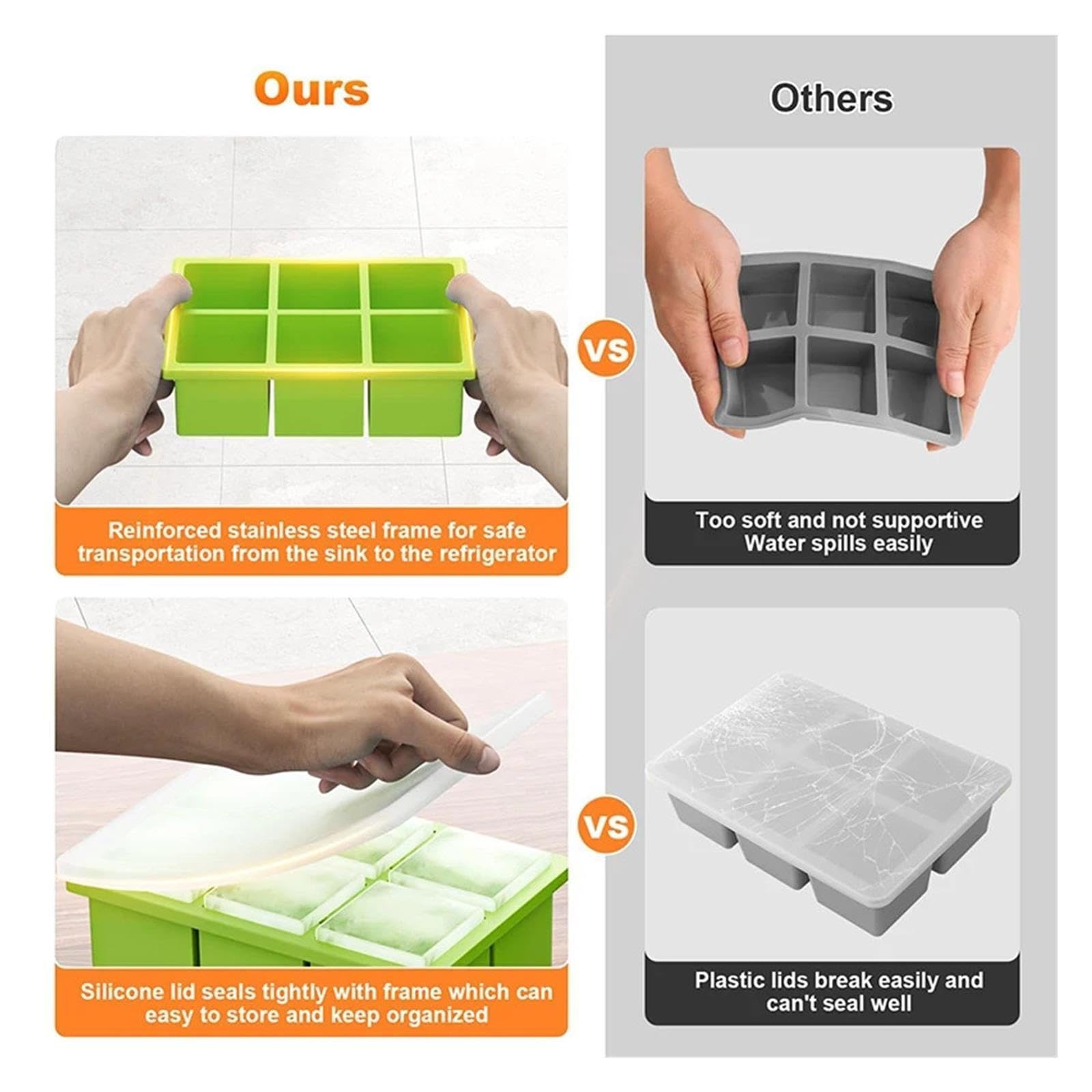 Vassoio quadrato grande for cubetti di ghiaccio in silicone con coperchio