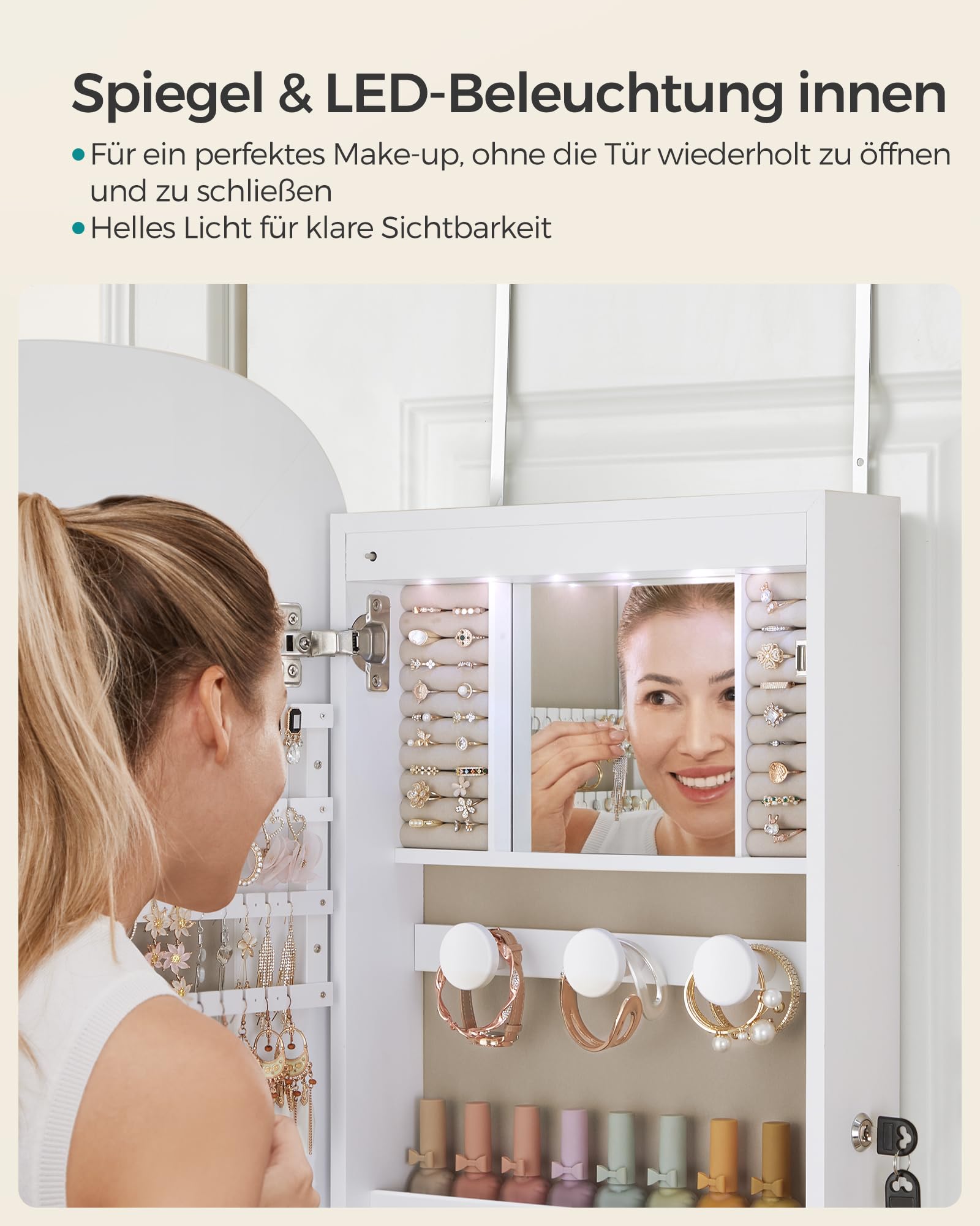 SONGMICS Schmuckschrank, Spiegelschrank, Schmuck-Organizer mit LED-Beleuchtung, abschließbar, Wandschrank mit Spiegel, für Ohrring, Halskette, Oberfläche in Weiß, Innenfutter in Greige JJC026W01