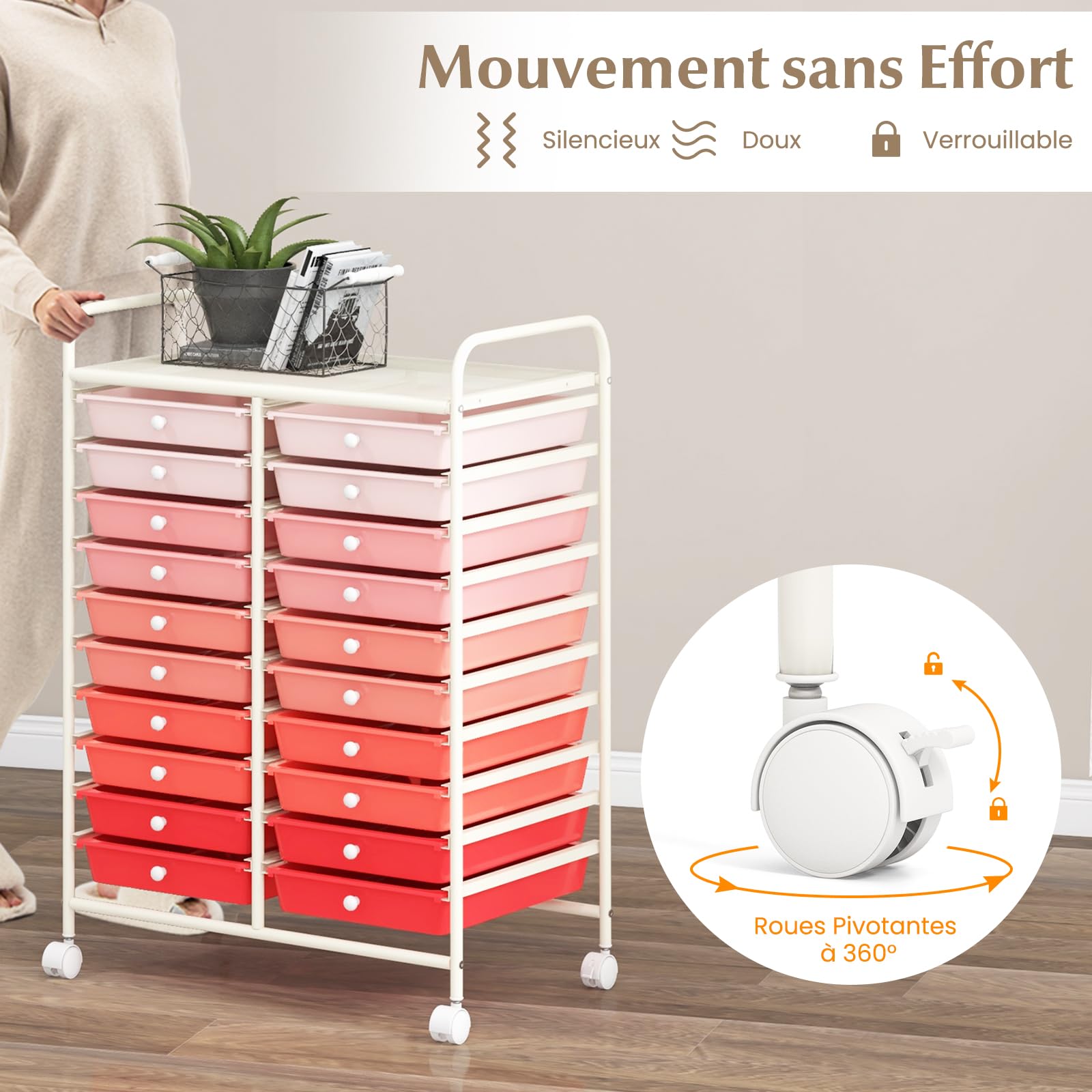 COSTWAY Chariot de Rangement à Roulette 20 Tiroirs en PP, Tour de Rangement avec Tablette, Cadre en Métal, Desserte Meuble Tiroir pour Cuisine École (XL | 20 tiroirs,Rose+Blanc)