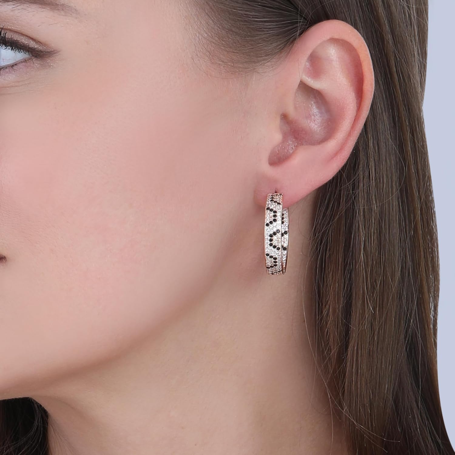 Rose Gold Hoop Earrings for Women, 925 Silver-Plated Thickened Hypoallergenic Earrings, CZ Black Gemstone-Inlaid Earrings - Women's Fashion Jewelry - Image 2