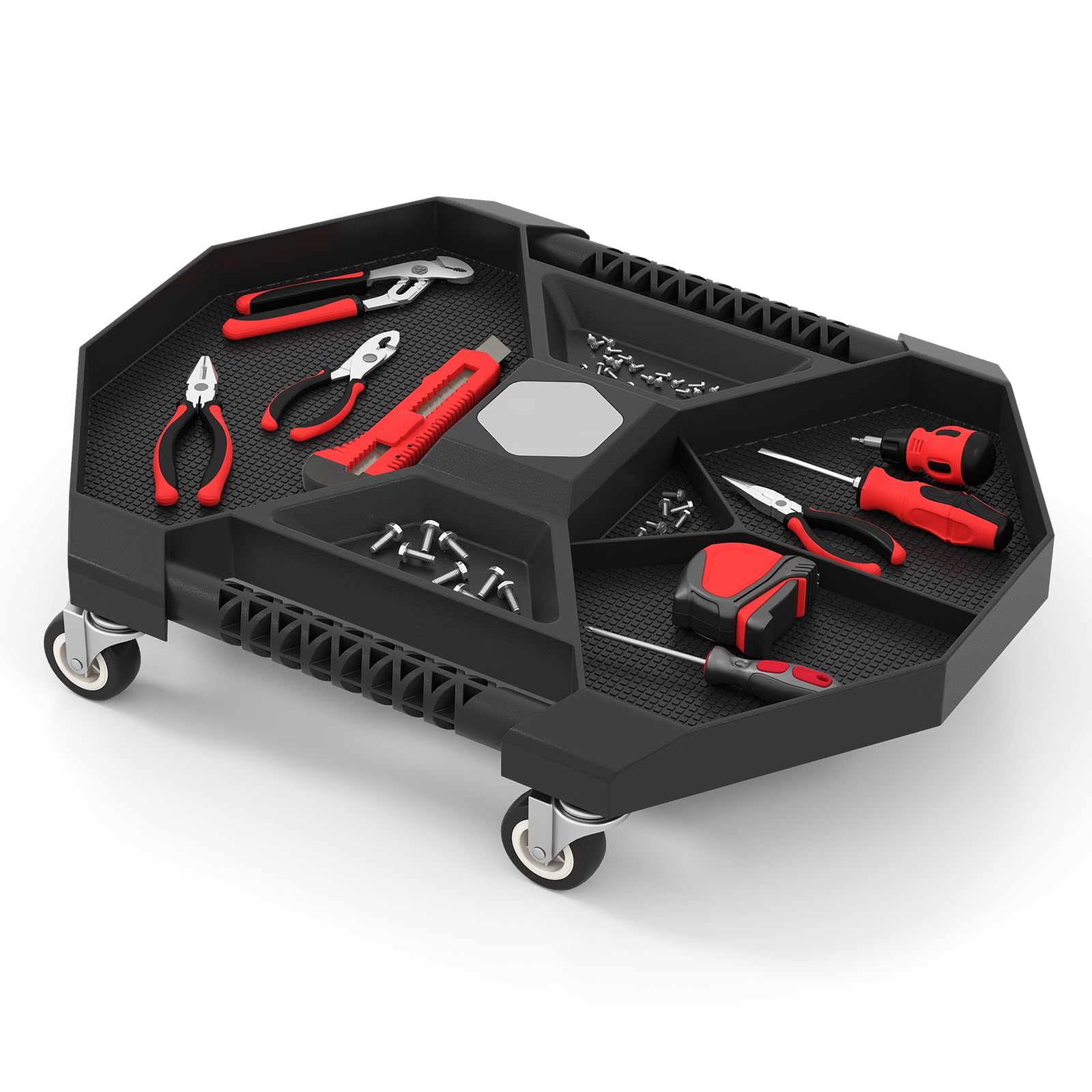 COSTWAY Tool Creeper Rolling Tool Tray, Mechanic Caddy Tray with 4 Swivel Casters, 6 Compartments and 2 Magnets, Floor Creeper Moving Tool Tray for Garage, Workshop, 14kg Load Capacity