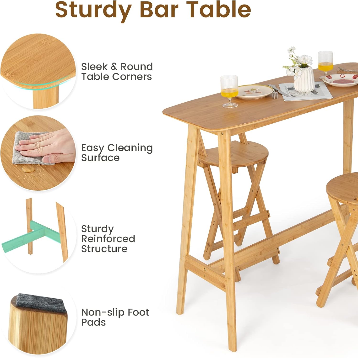 LIFEZEAL Set of 2 100% Bamboo Bar Chairs, Folding Bar Stool with Foot, High Bar Chair with Love Seat, Bar Chair with 150 kg Load, 36 x 34 x 84 cm, Natural