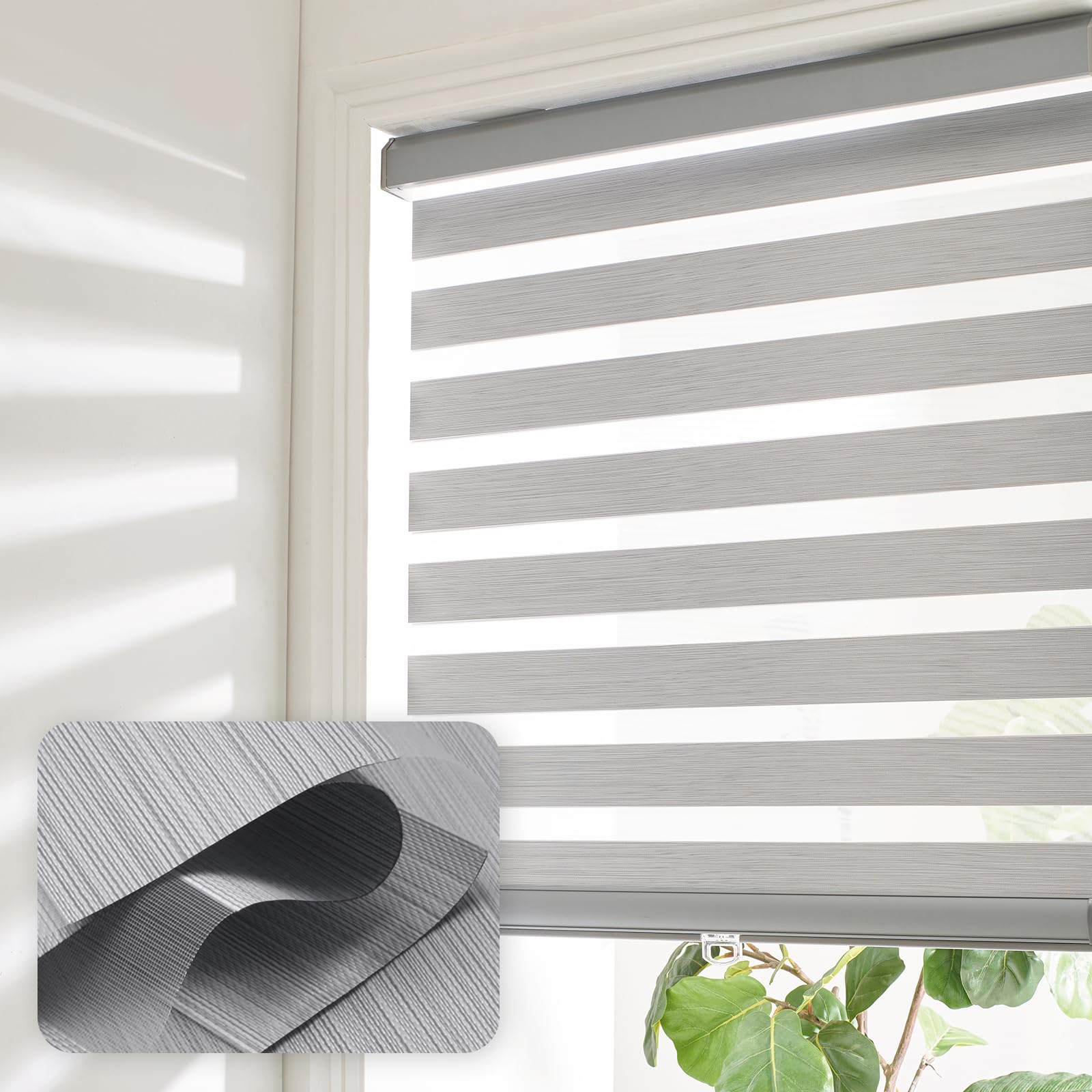 cordless zebra blinds for windows shade dual layer free-stop light filtering roller blinds thermal insulated privacy protection, inside or outside mount(light grey,42''w x 72''h)
