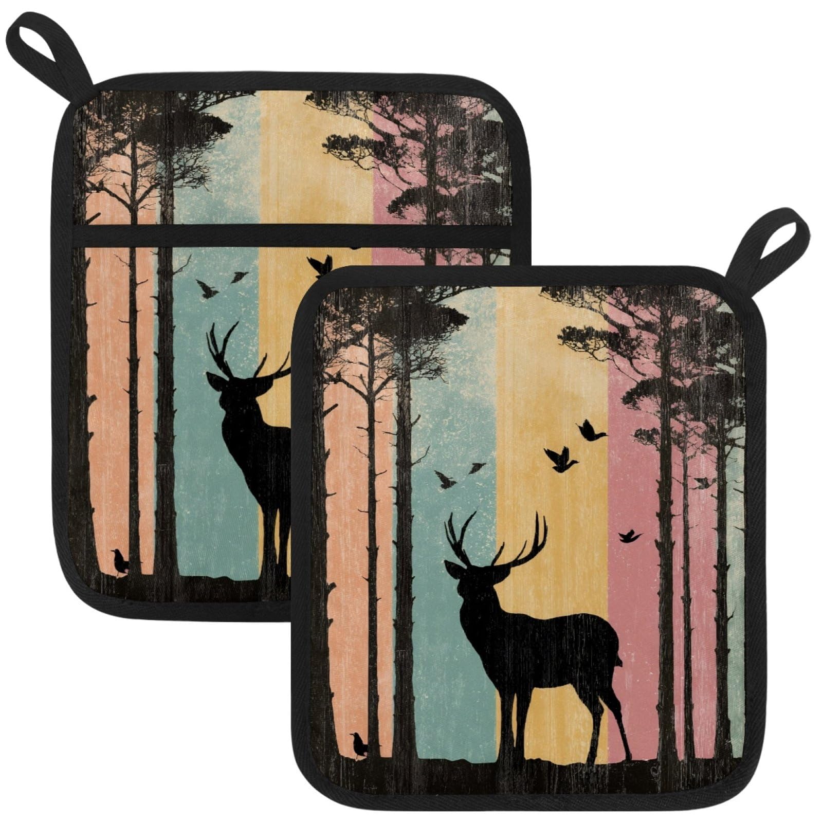 VAPOKF Deer Kitchen Hot Pot Holder, Pot Holders Heat Resistant Pot Holder with Pocket Heat Resistant Trivets for Hot Pans Cotton Pot Mitts for Kitchen Cooking Baking