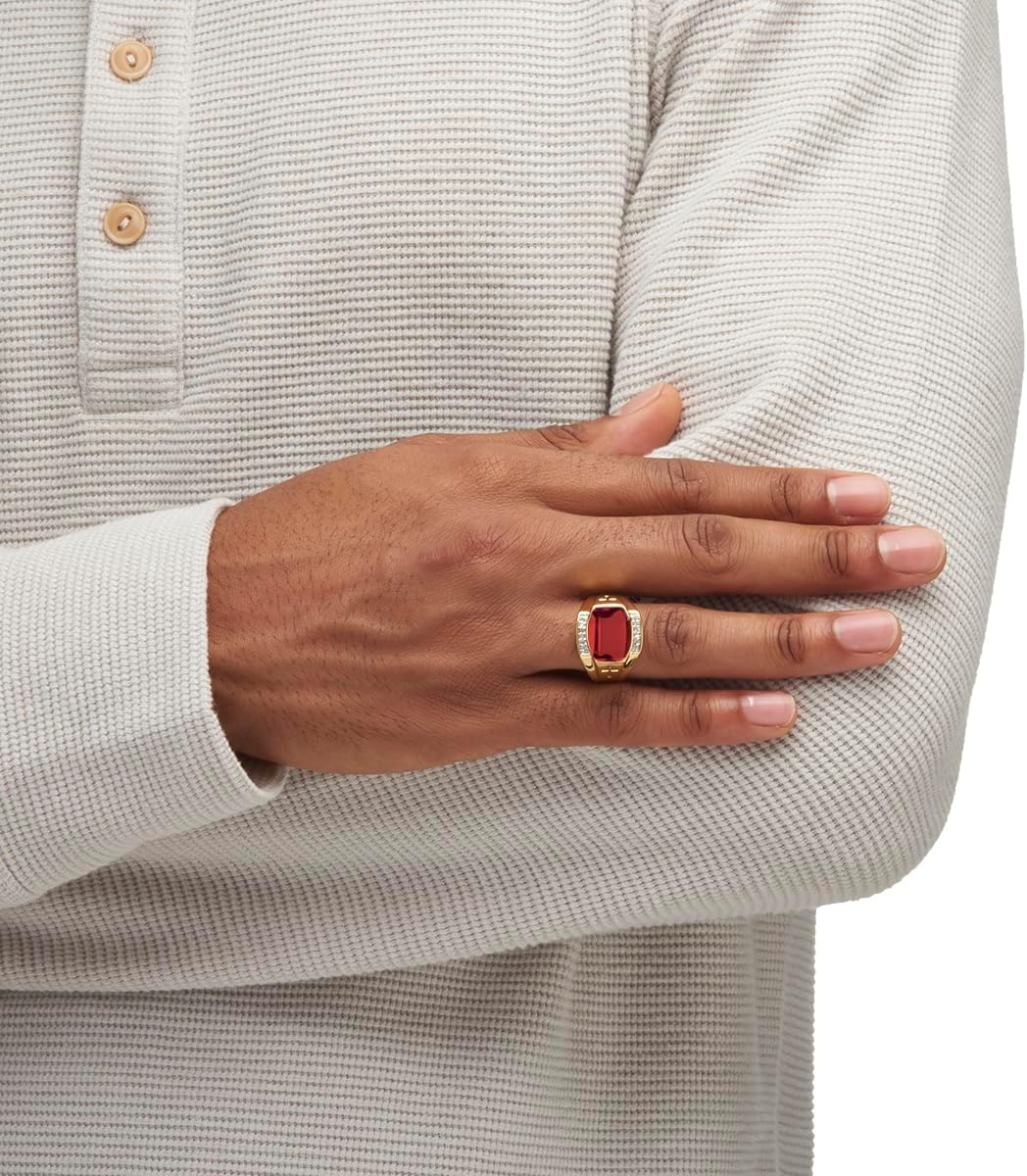 Palm Beach Jewelry Men's 18K Yellow Gold Plated Emerald Cut Created Red Ruby and Diamond Accent Ring